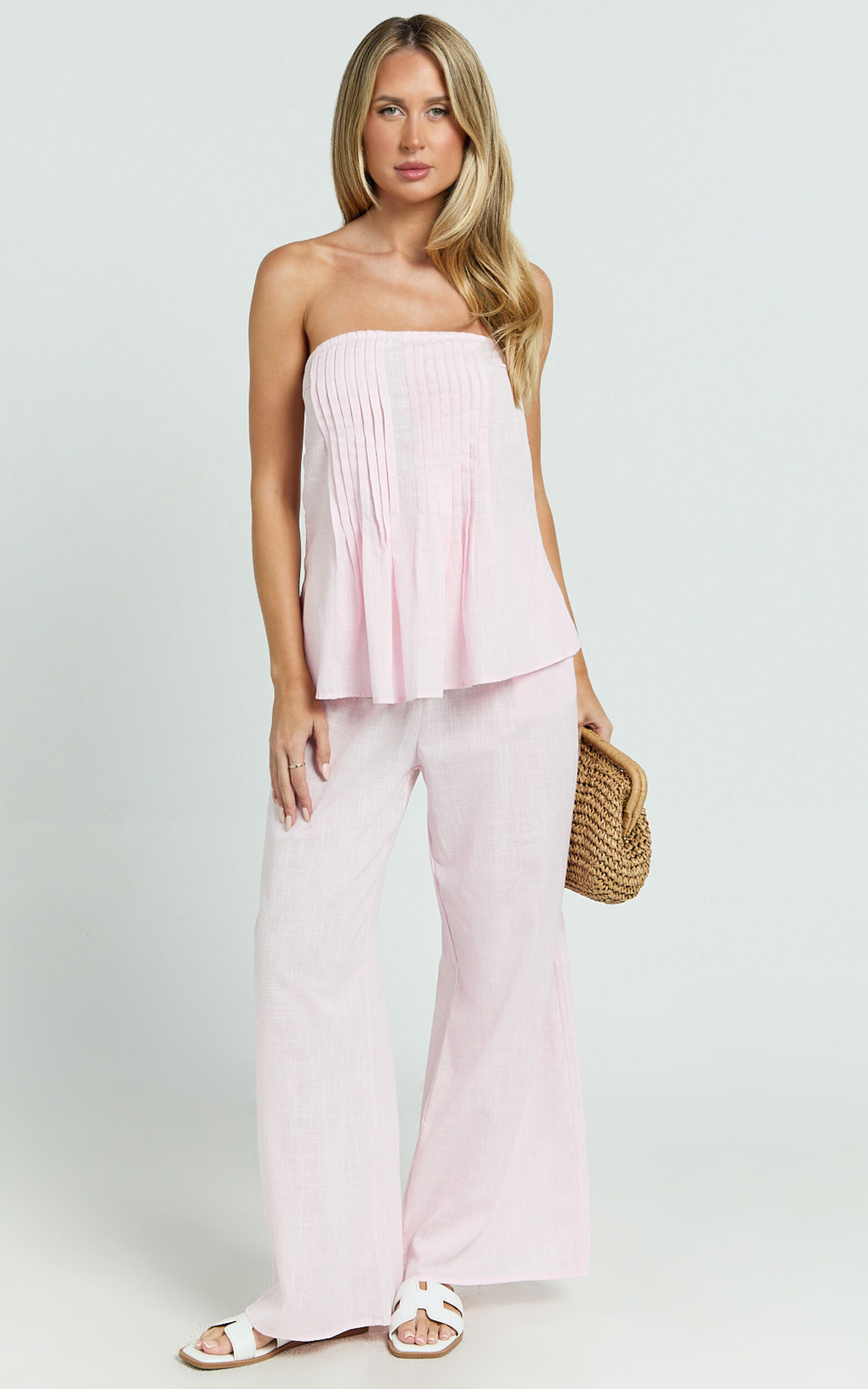 Carli Two Piece Top and Pants Set - Cotton Tube Pant Set in Pink