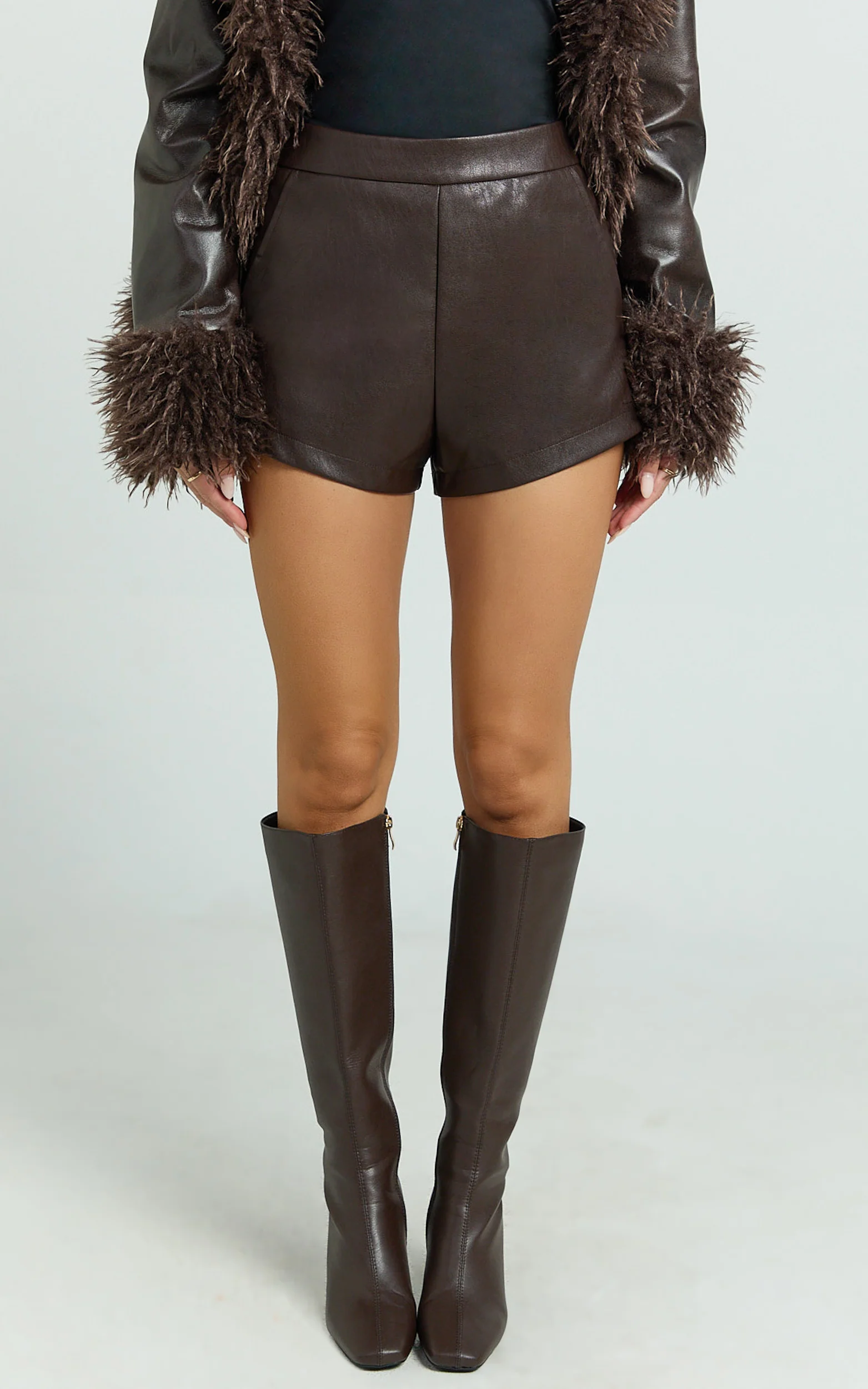 Rosetta Shorts - PU Fitted Micro Shorts in Chocolate