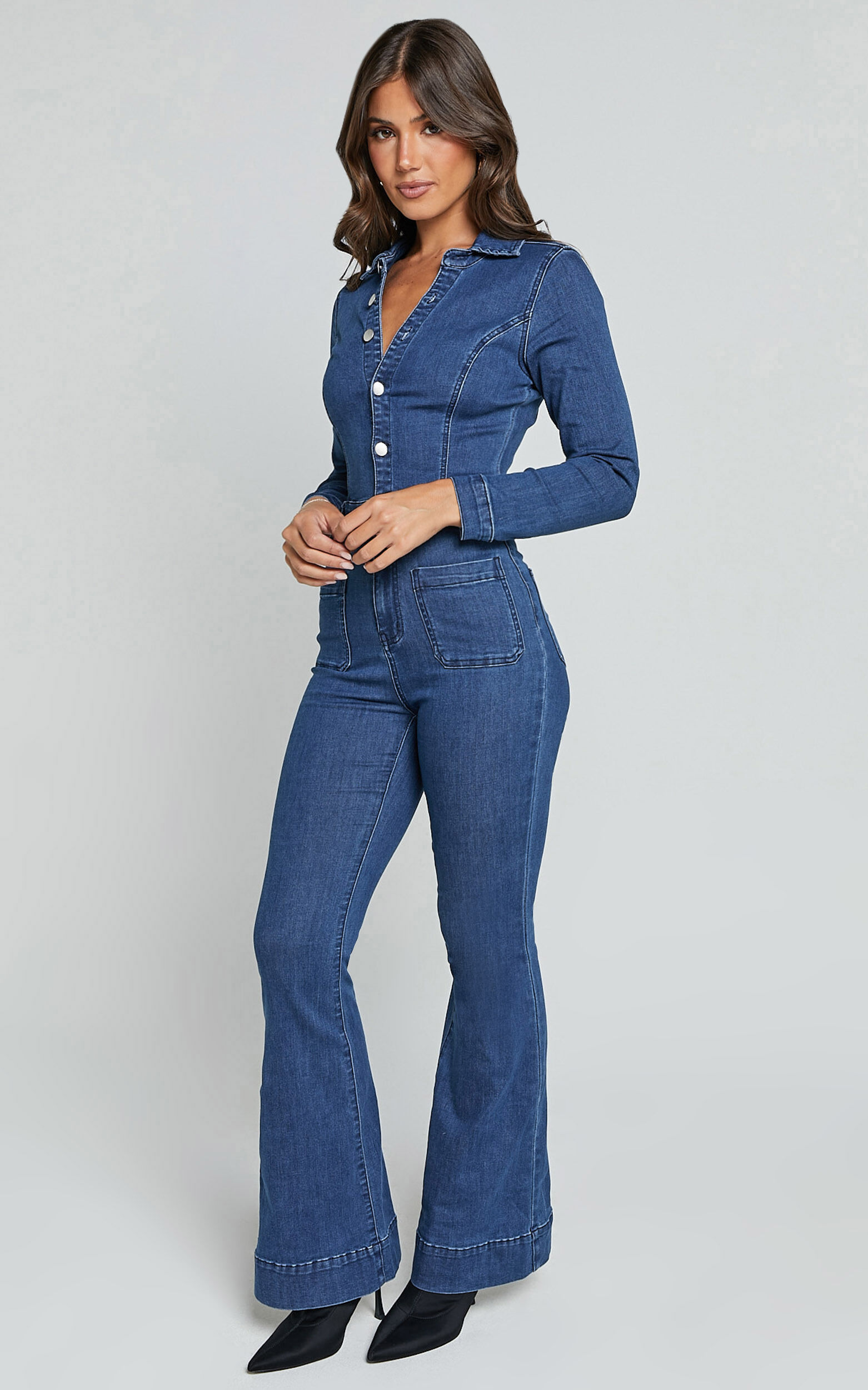 Vivi Jumpsuit - Button Front Wide Leg Denim Jumpsuit in Indigo Wash