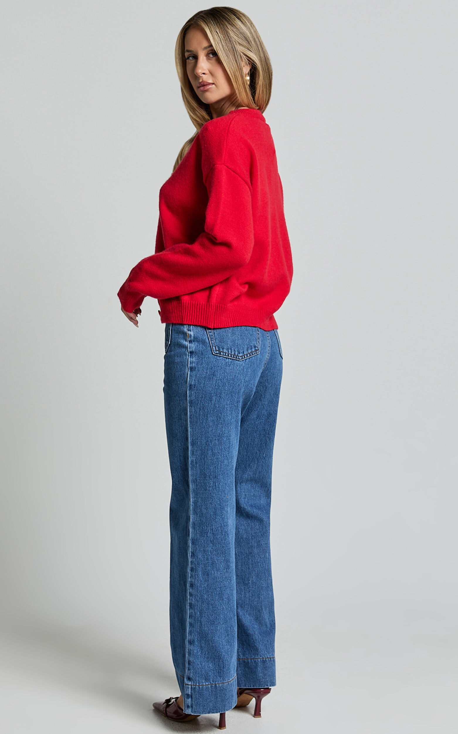 Lucille Cardigan - Button Through Scoop Neck Knit Cardigan in Red