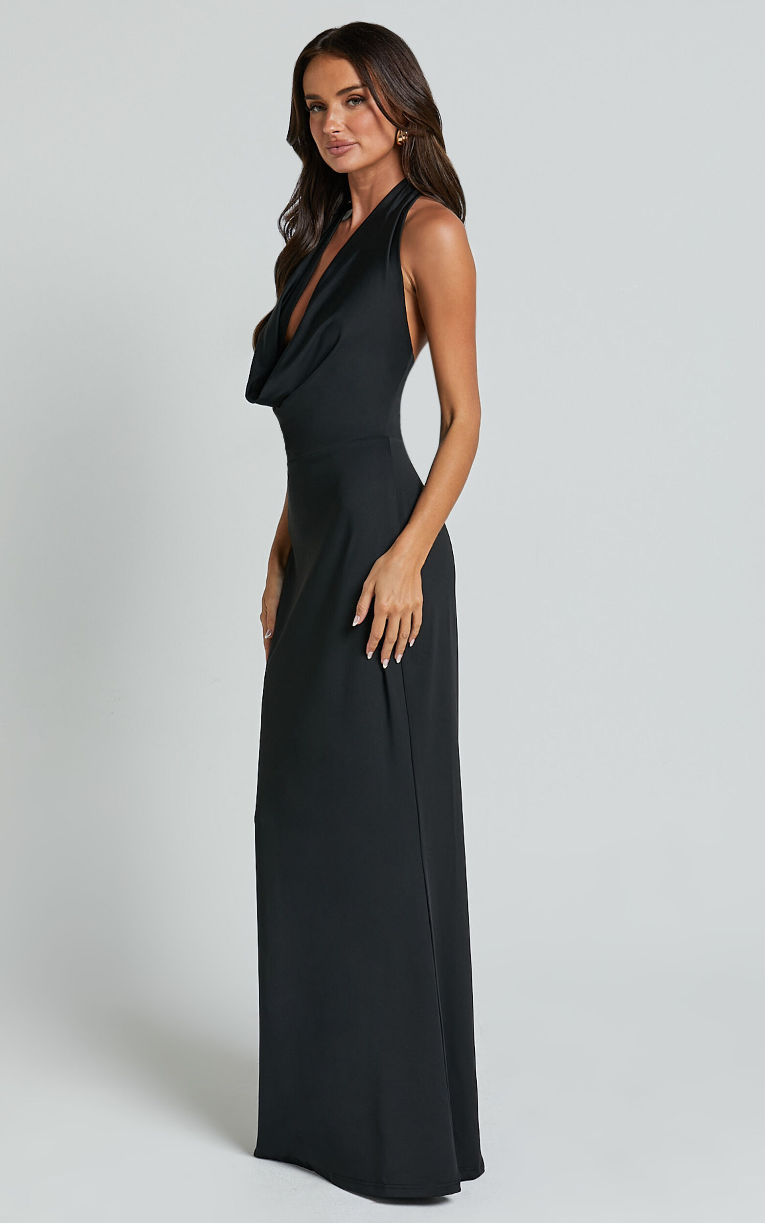 Sylvana Maxi Dress - Cowl Halter Neck Bodycon Dress in Black