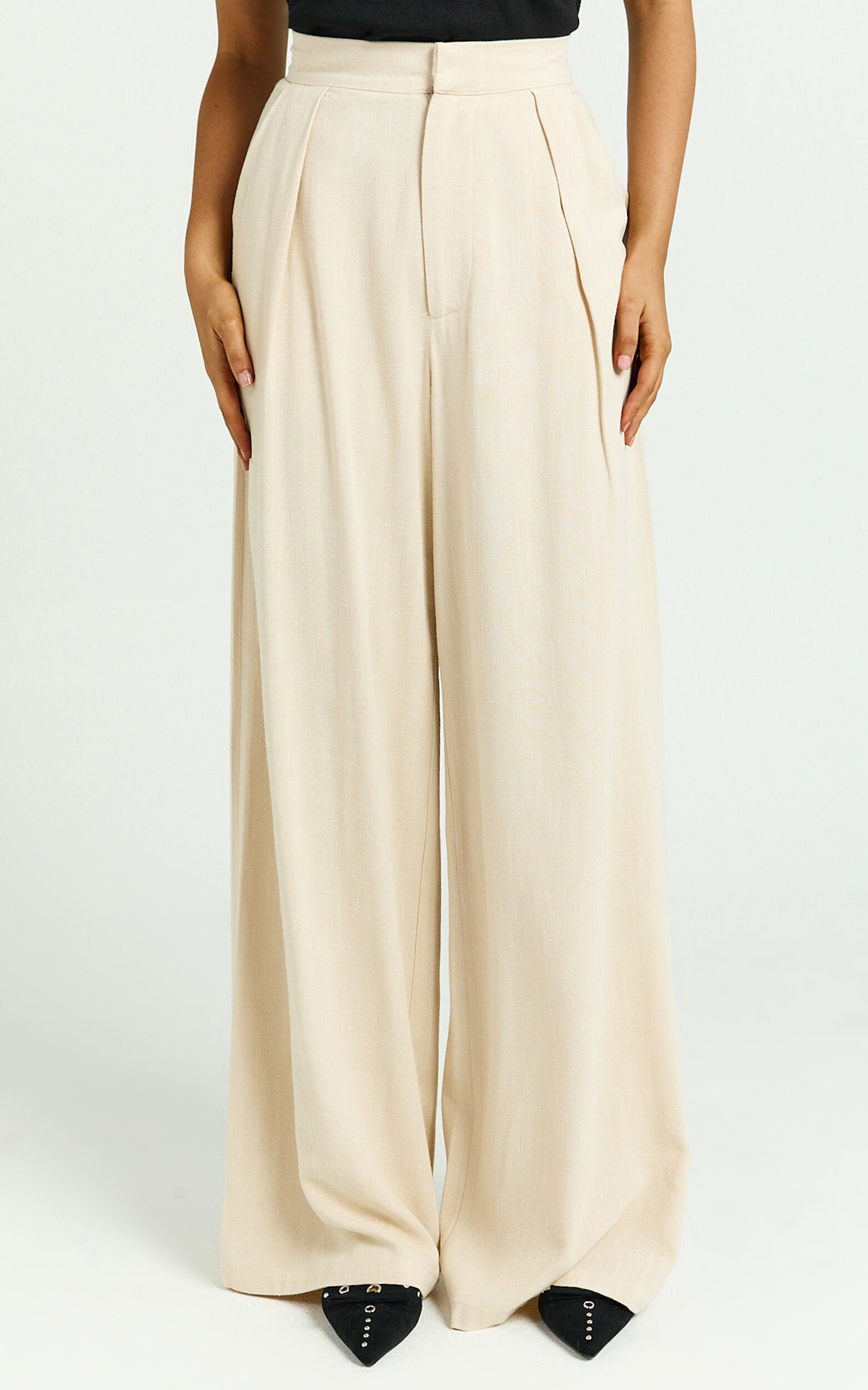 Hermione Linen Pants - High Waist Wide Leg Pleated Palazzo Pants in Natural