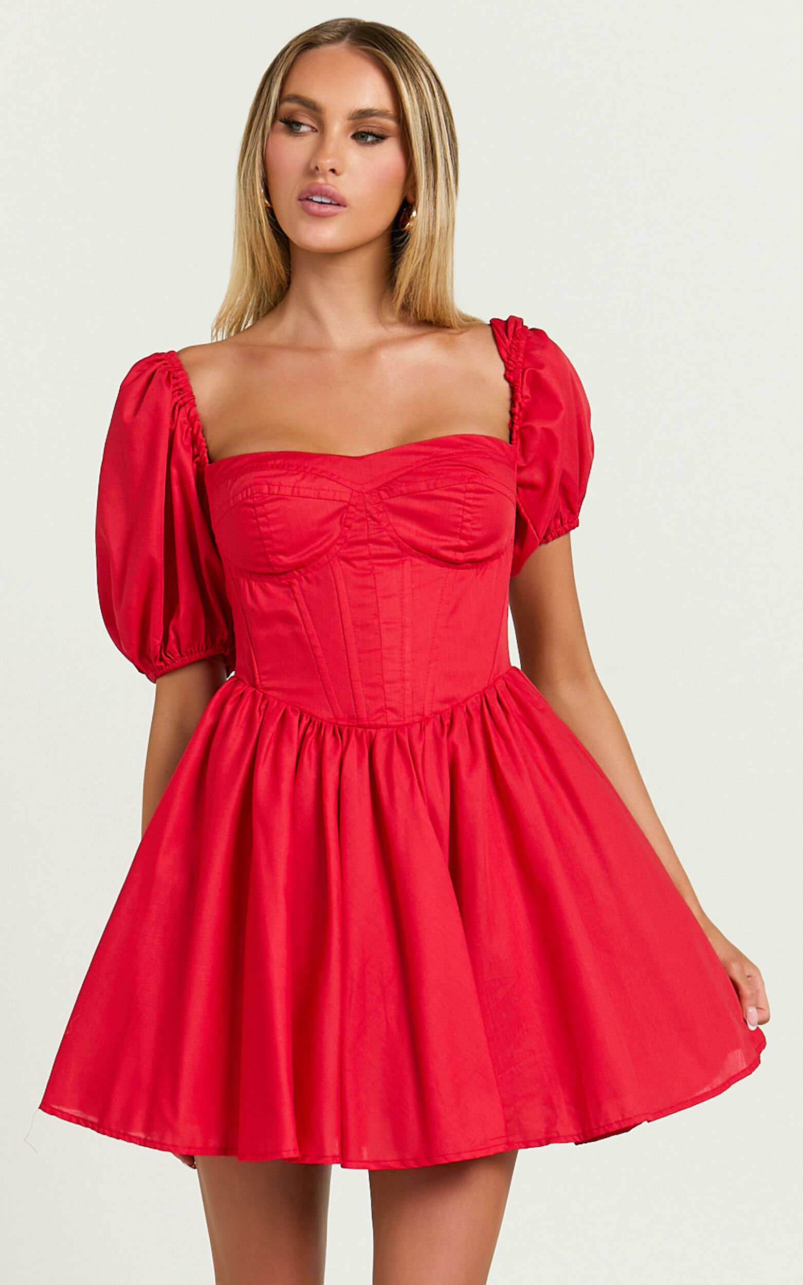 Souza Mini Dress - Fit and Flare Puff Sleeve Corset Dress in Red