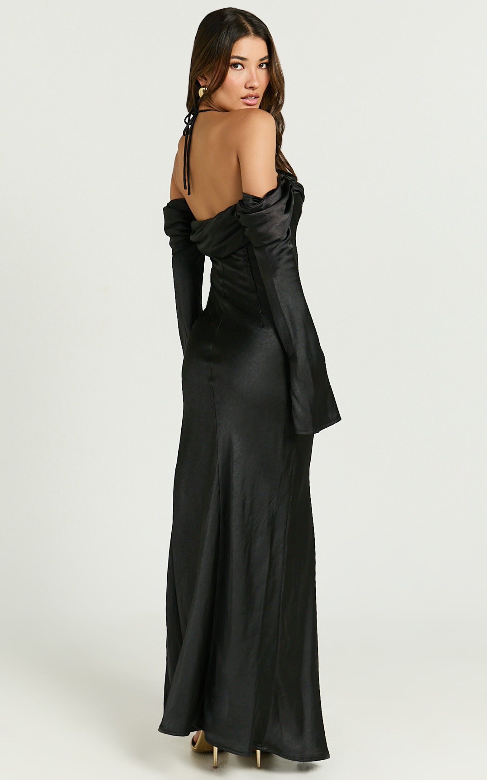 Viviana Maxi Dress - Halter Off Shoulder Thigh Split Dress in Black