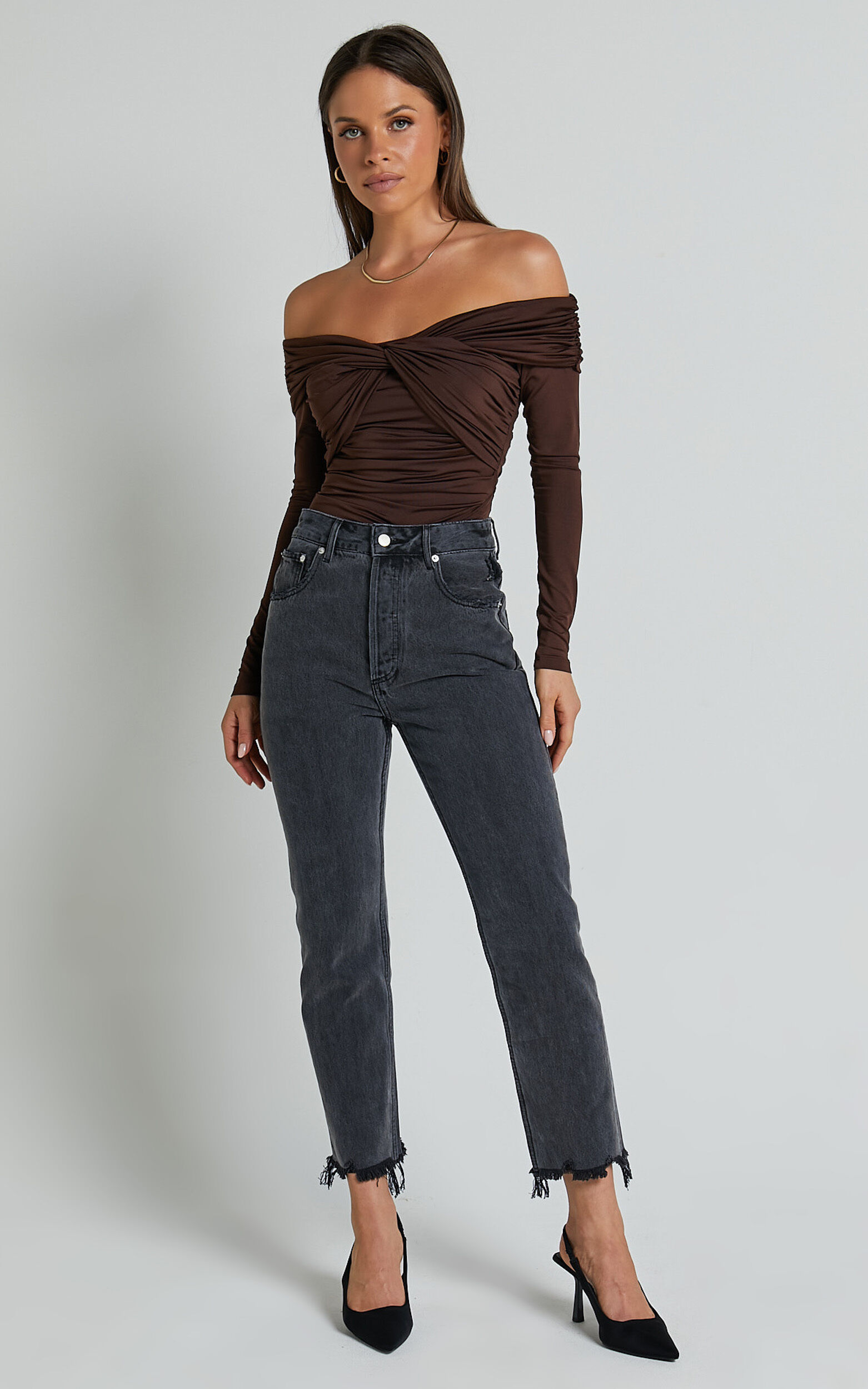 Shamaira Bodysuit - Twist Front Off Shoulder Long Sleeve in Brown