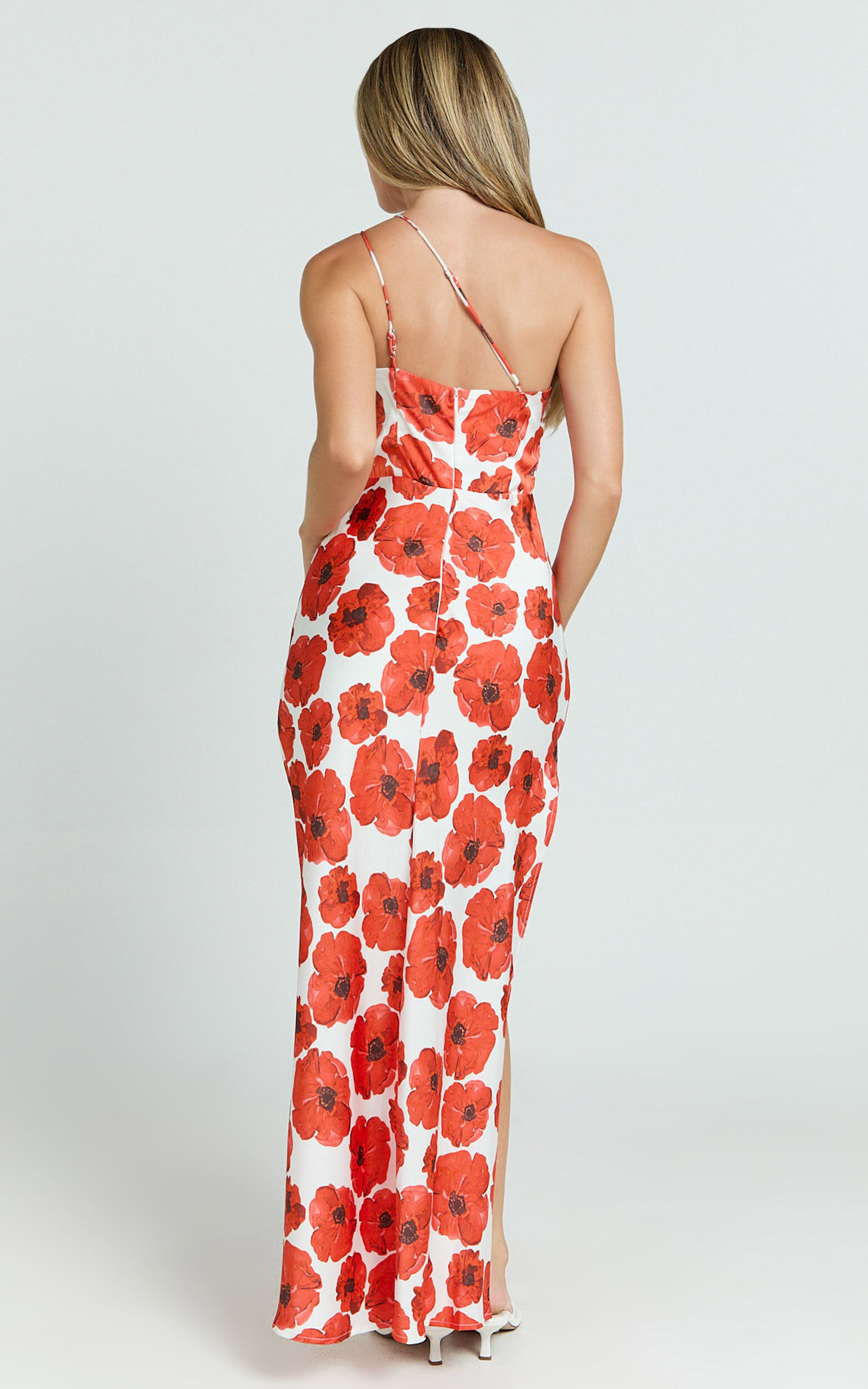 Maria Midi Dress - One Shoulder High Slip Leg in Red Floral