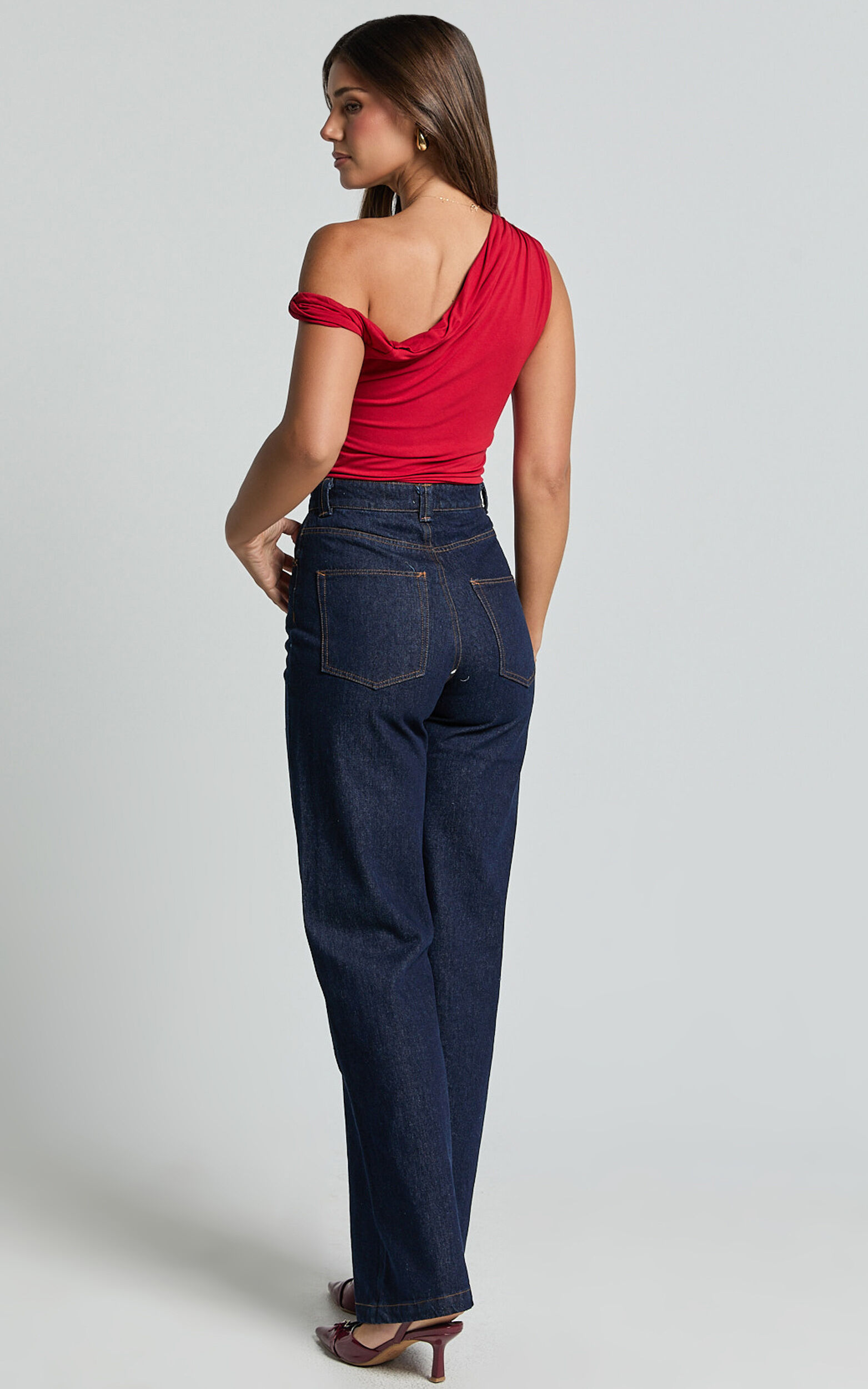 Jialeen Top - Off Shoulder Twist Asymmetrical Sleeve Top in Red