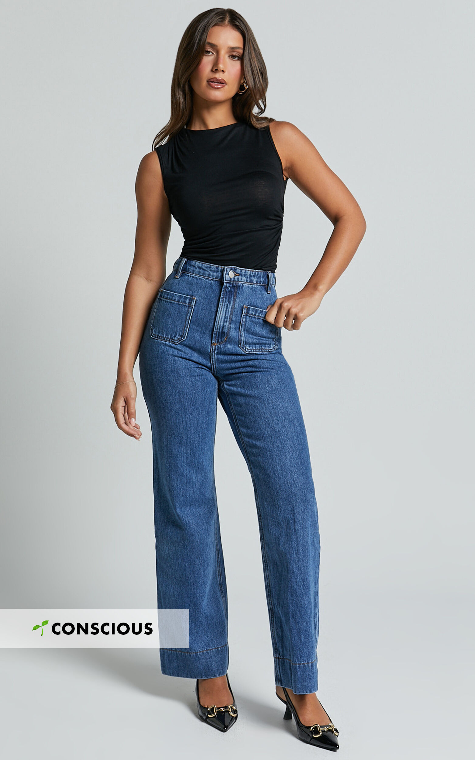 Vancouver Jeans - High Waist Straight Leg Patch Pocket Denim Jeans in Mid Blue Wash