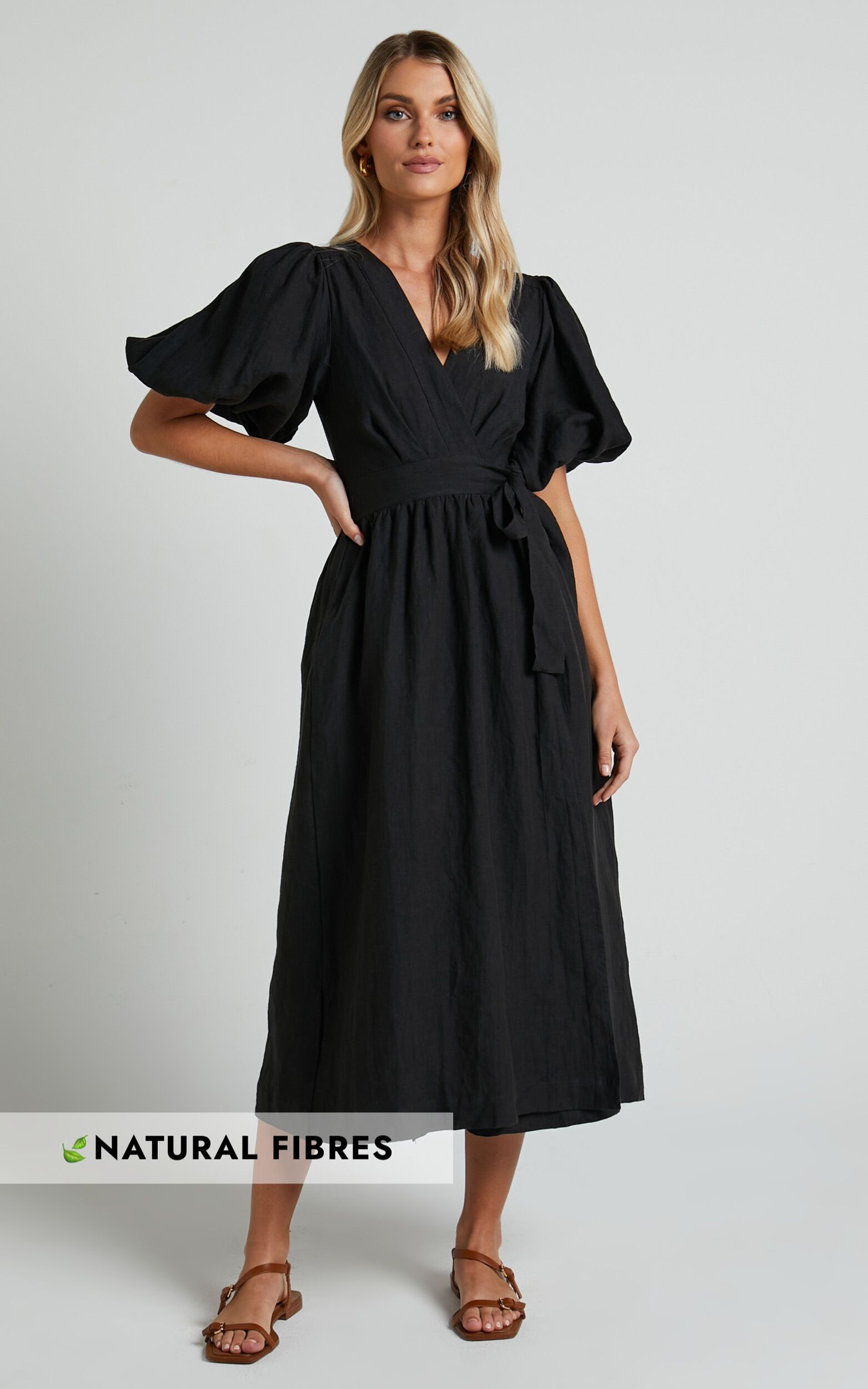Amalie The Label - Franc Linen Puff Sleeve Wrap Midi Linen Dress in Black