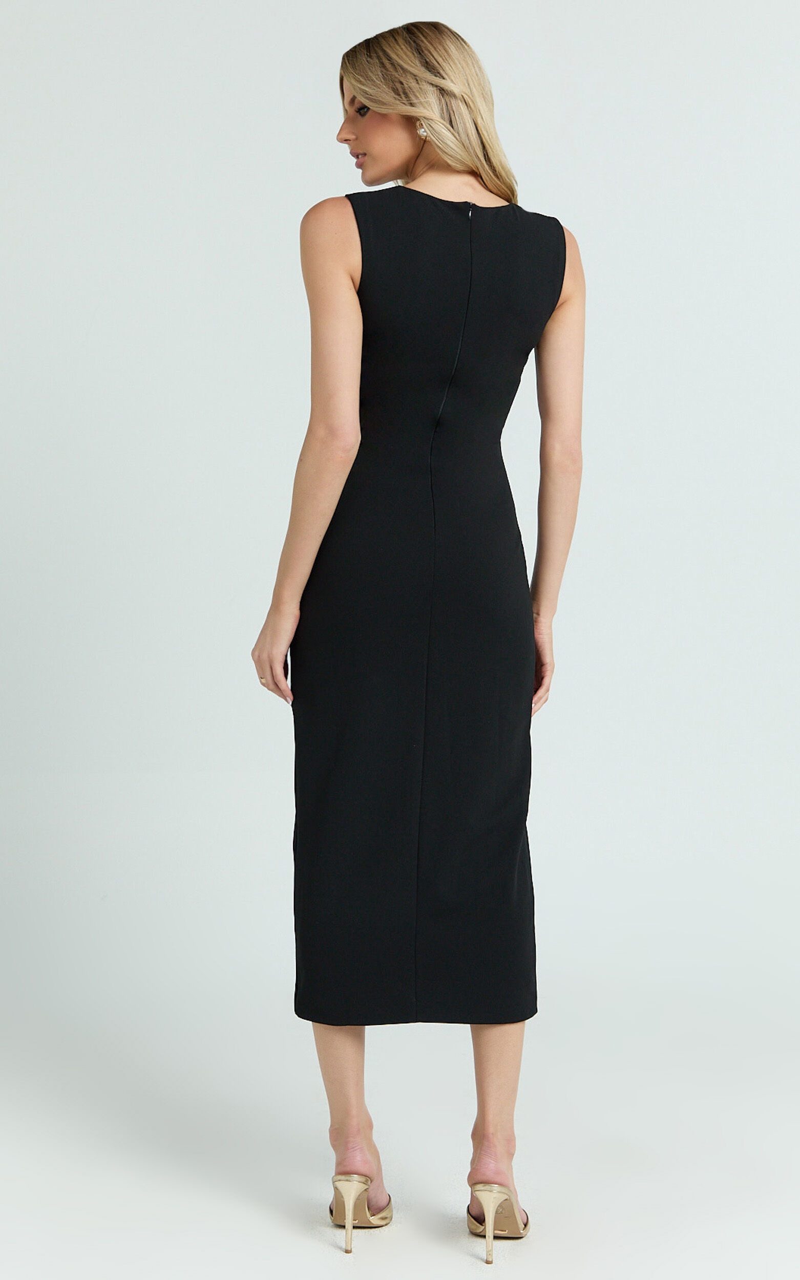 Stella Midi Dress - Square Neck Cap Sleeve Fitted Dress in Black