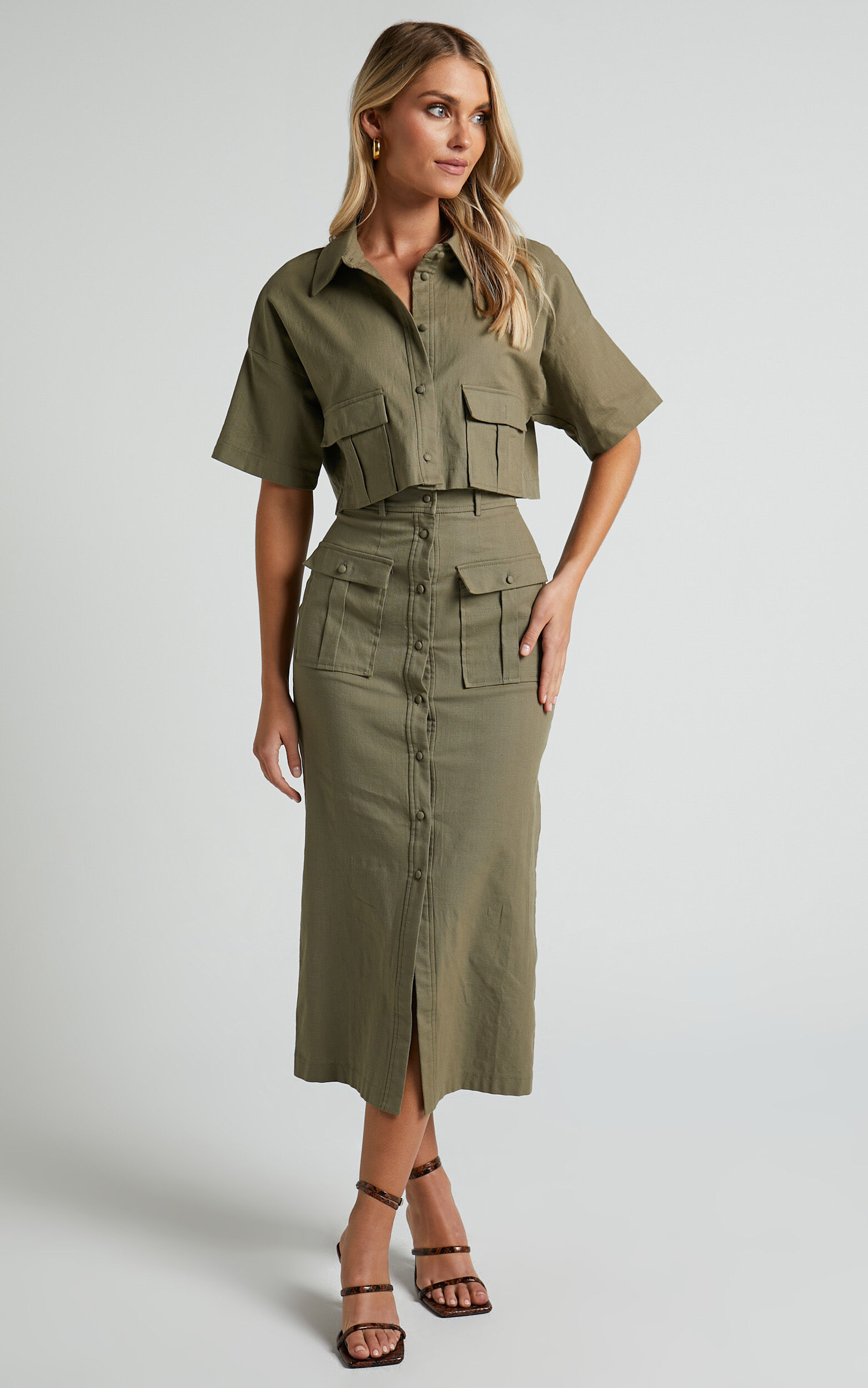 Davina Two Piece Set - Button Front Top and Midi Skirt Set in Khaki