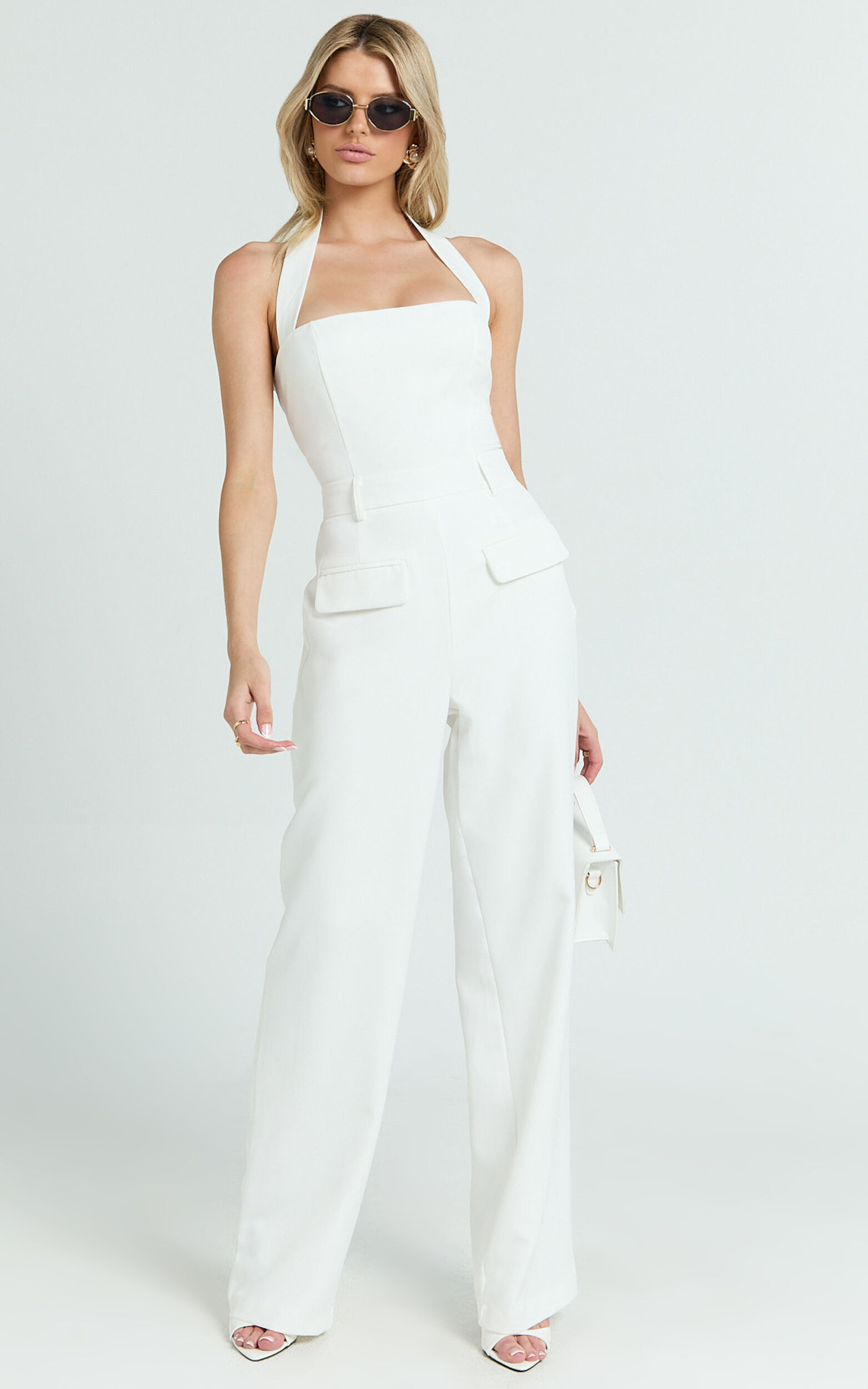 Koko Jumpsuit - Square Neck Halter Tailored Jumpsuit in White