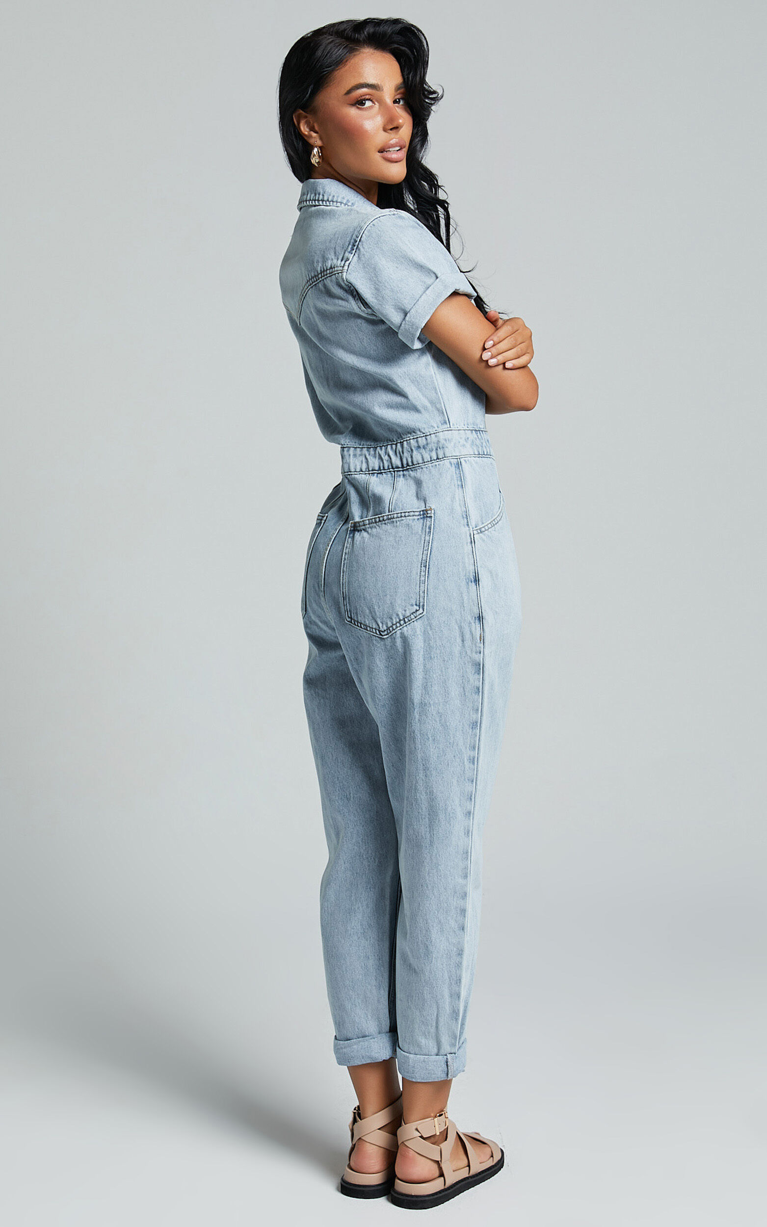 Jordyn Jumpsuit - Short Sleeve Collared Button Through Denim Jumpsuit in Light Blue