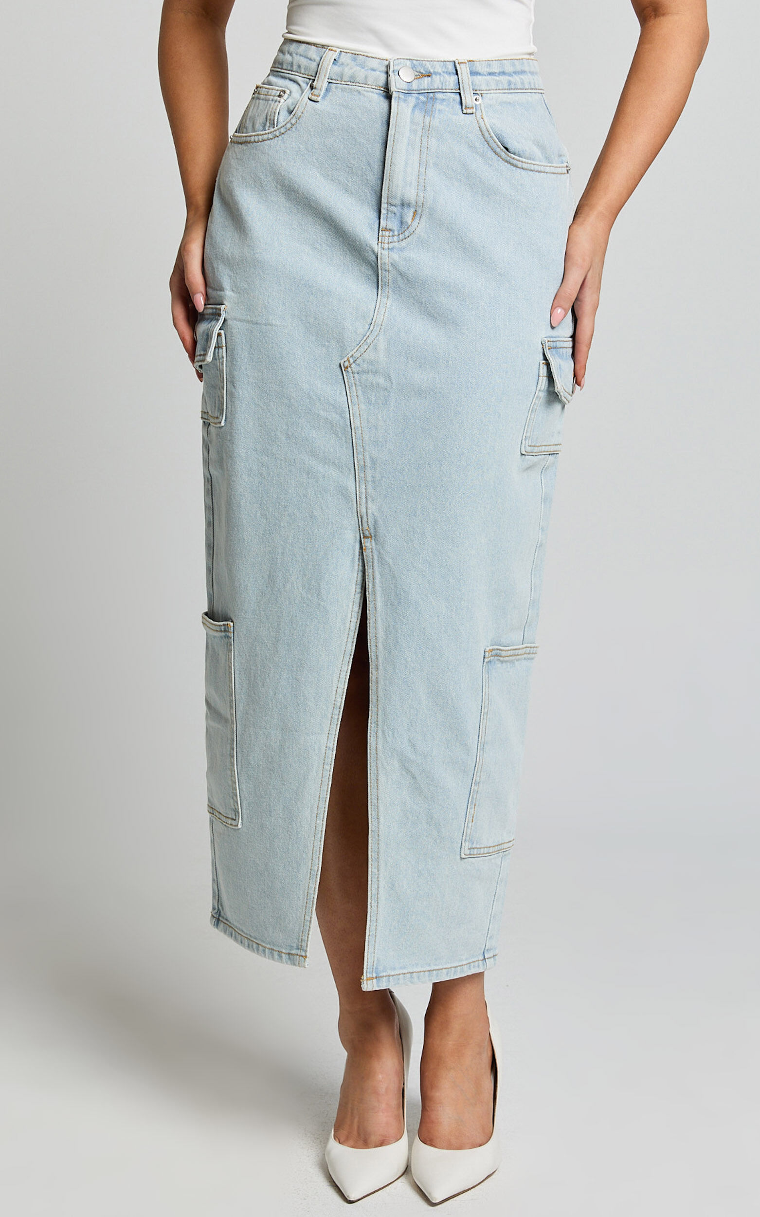 Sylvia Midi Skirt - Utility Pockets Denim Skirt in Light Blue Wash