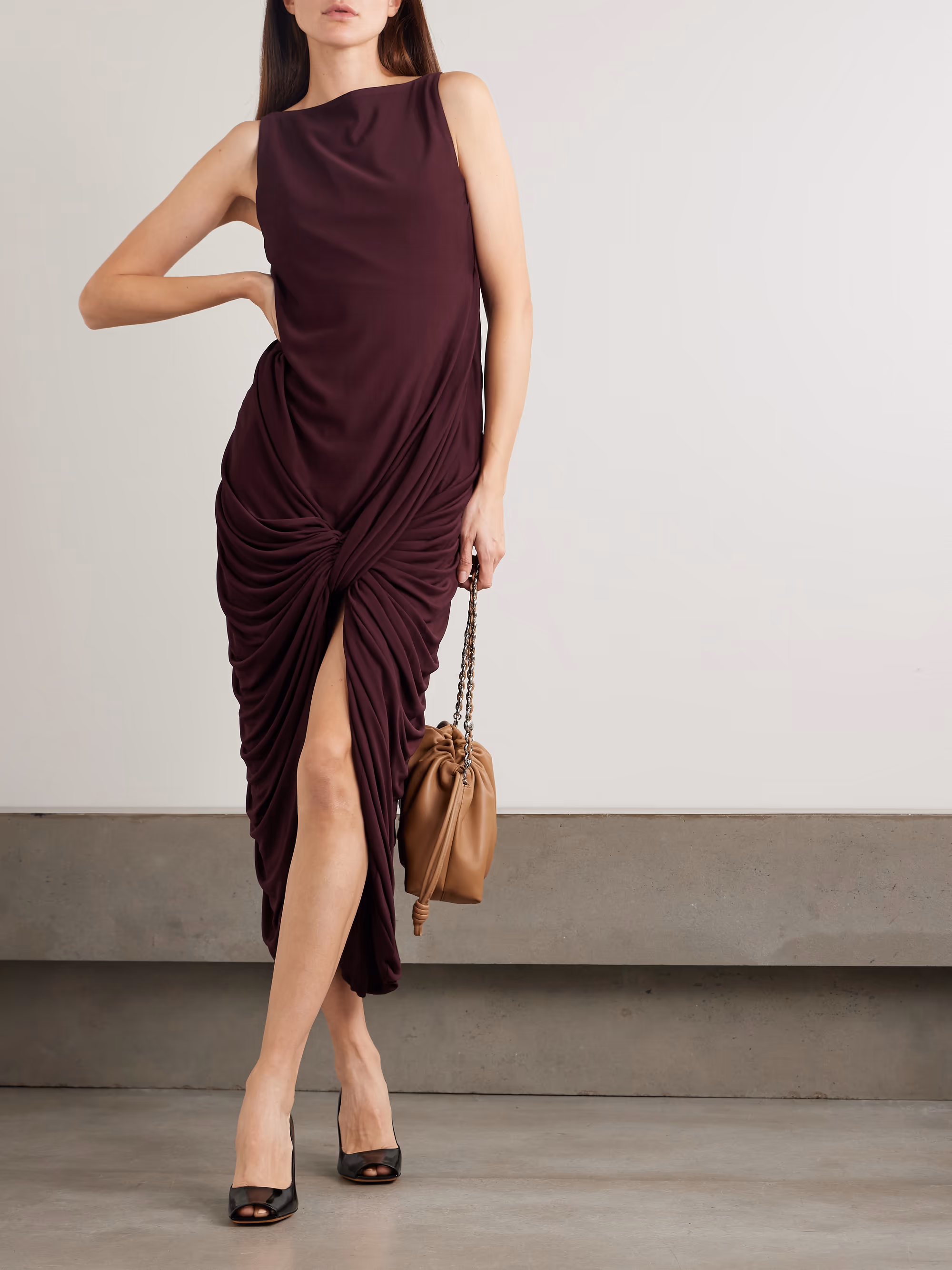 Twisted gathered jersey midi dress