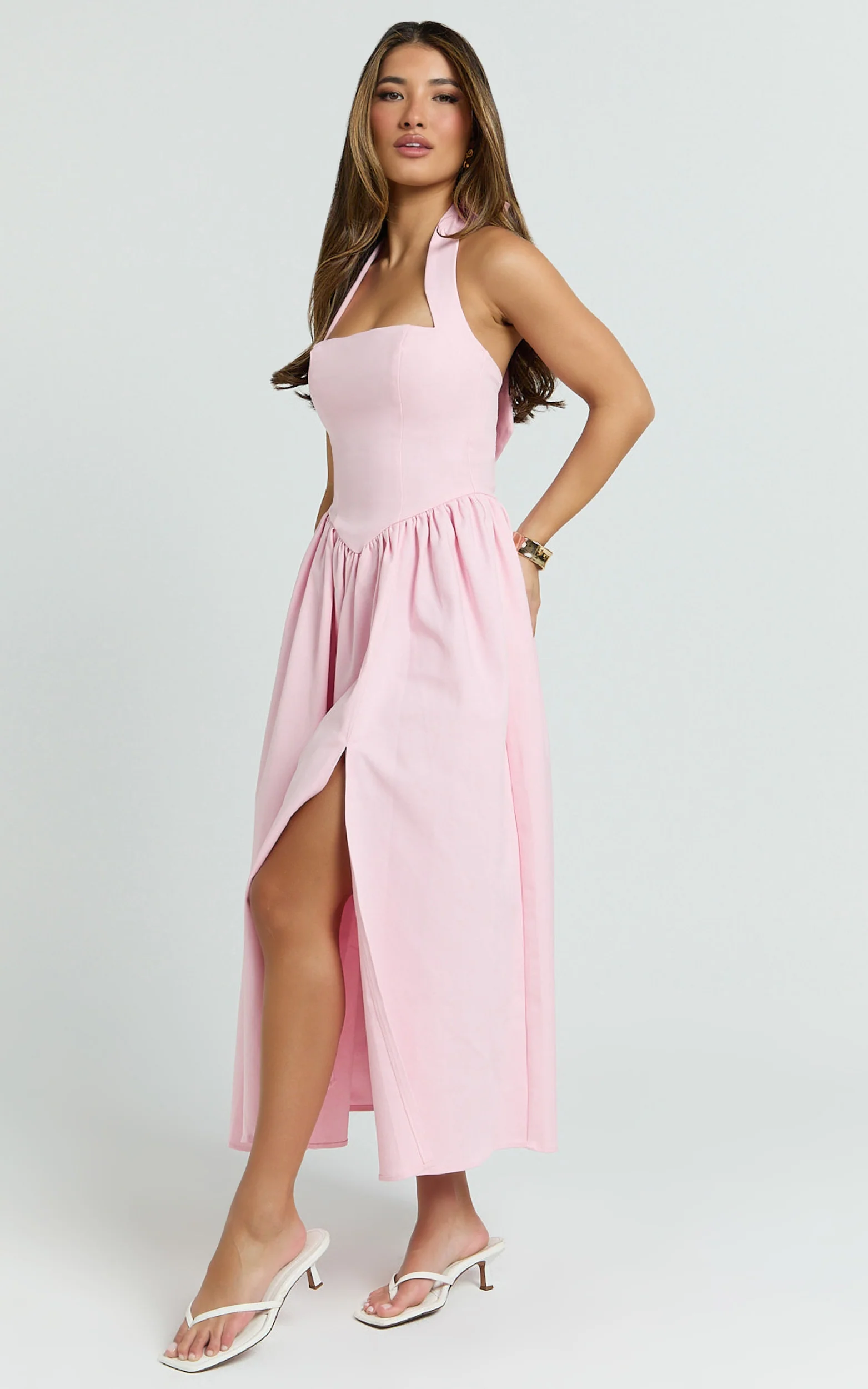 Helda Midi Dress-Halter Tie Neck Corset Panel Dress in Pink