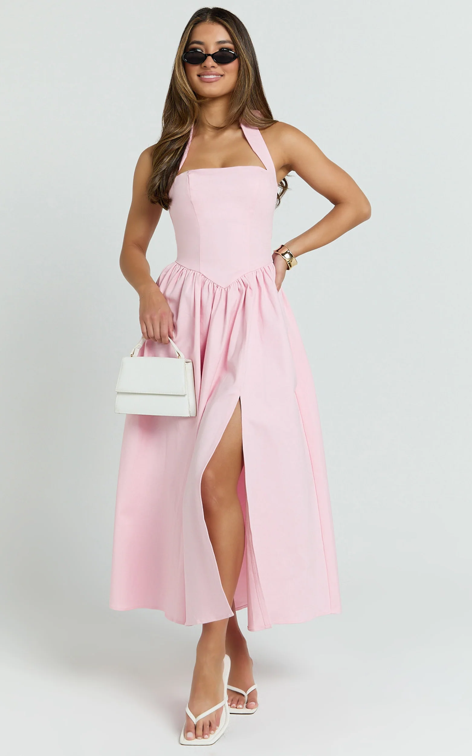 Helda Midi Dress-Halter Tie Neck Corset Panel Dress in Pink