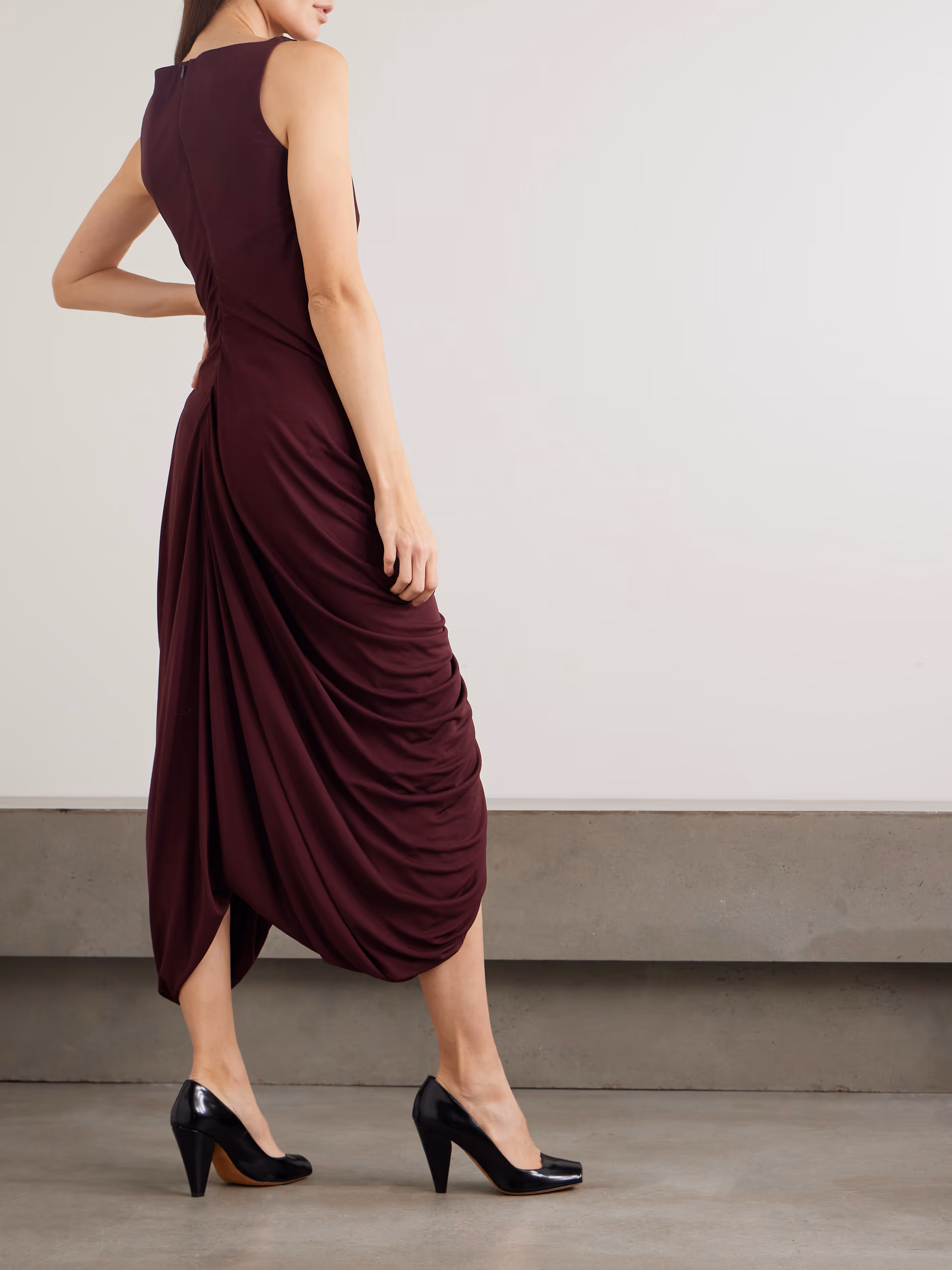 Twisted gathered jersey midi dress