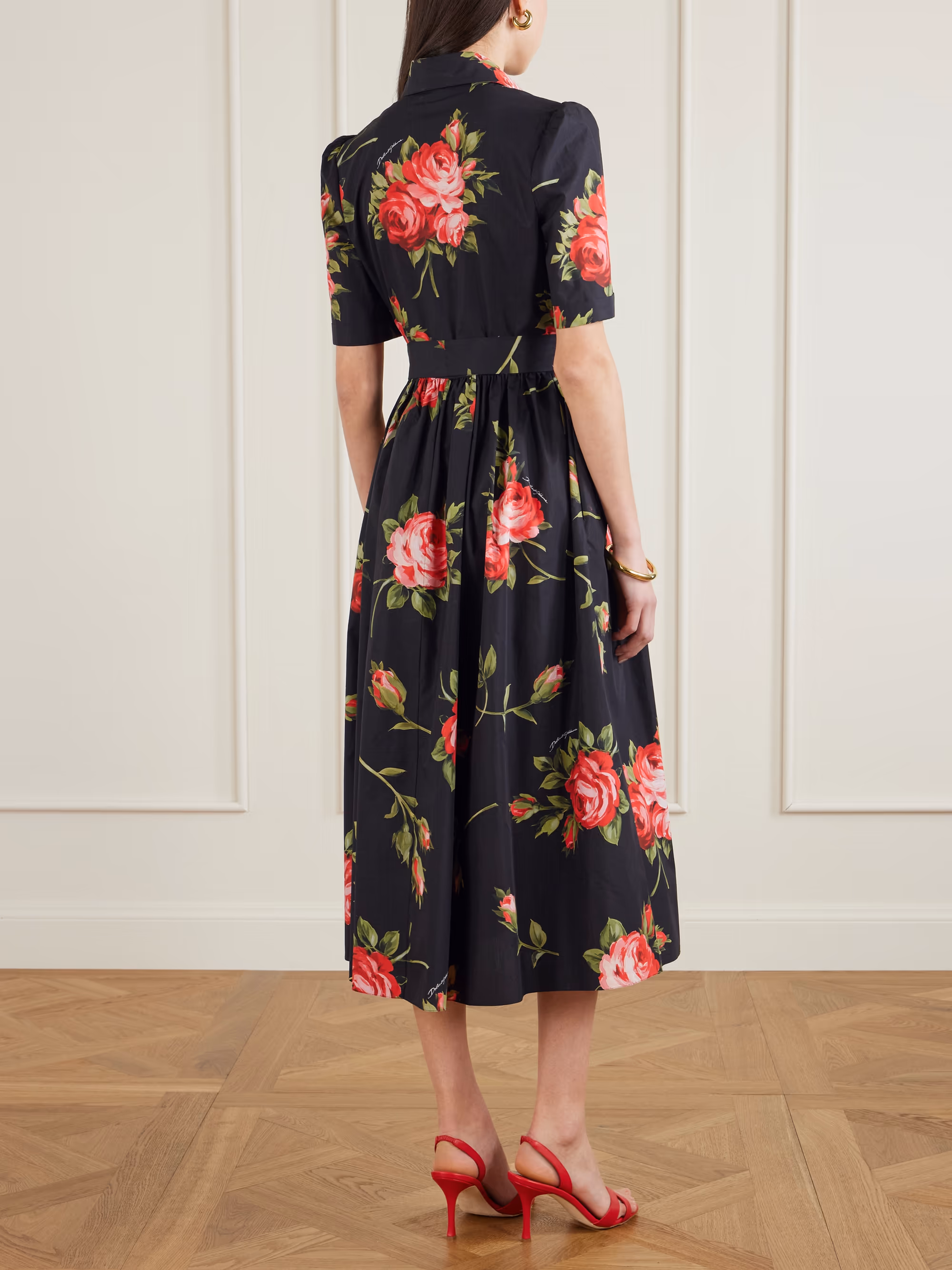 Belted gathered floral-print cotton-poplin midi dress