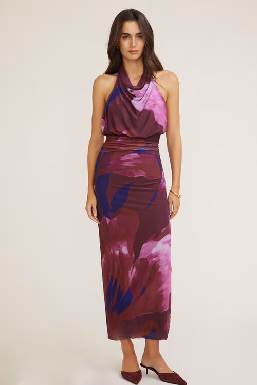 Halter Cowl Neck Mesh Maxi Dress