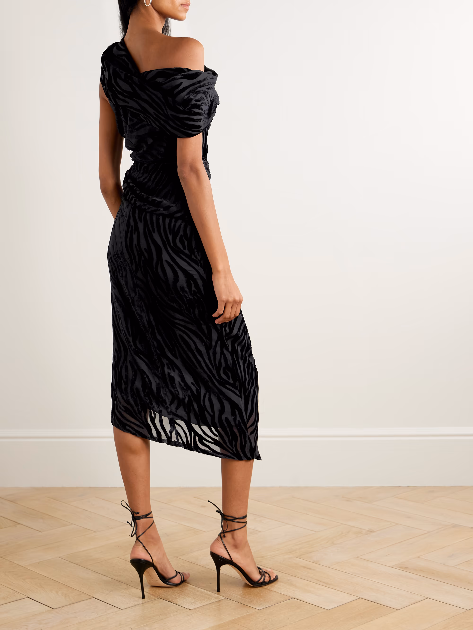 Cyane asymmetric gathered devoré-velvet dress