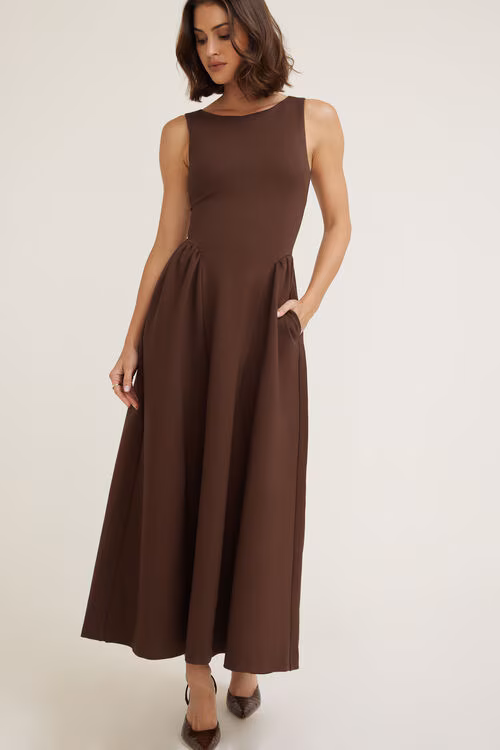 Iris Flared Ponte Maxi Dress-Bitter Chocolate Burgundy