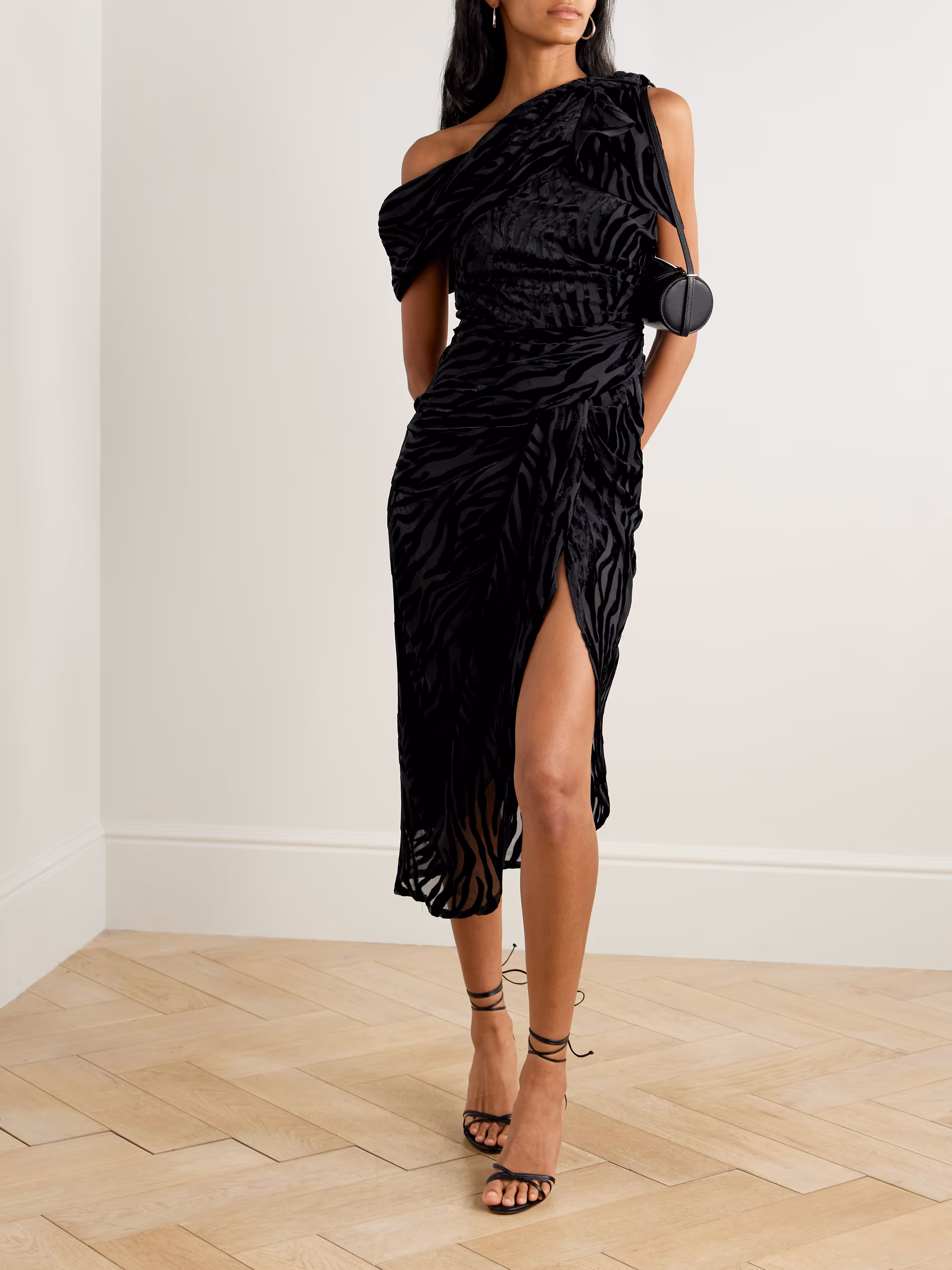 Cyane asymmetric gathered devoré-velvet dress