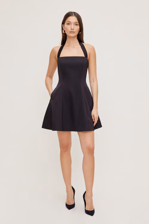 Amaya Satin Halter Mini Dress-Black