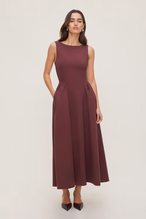 Iris Flared Ponte Maxi Dress-Zinfandel Burgundy
