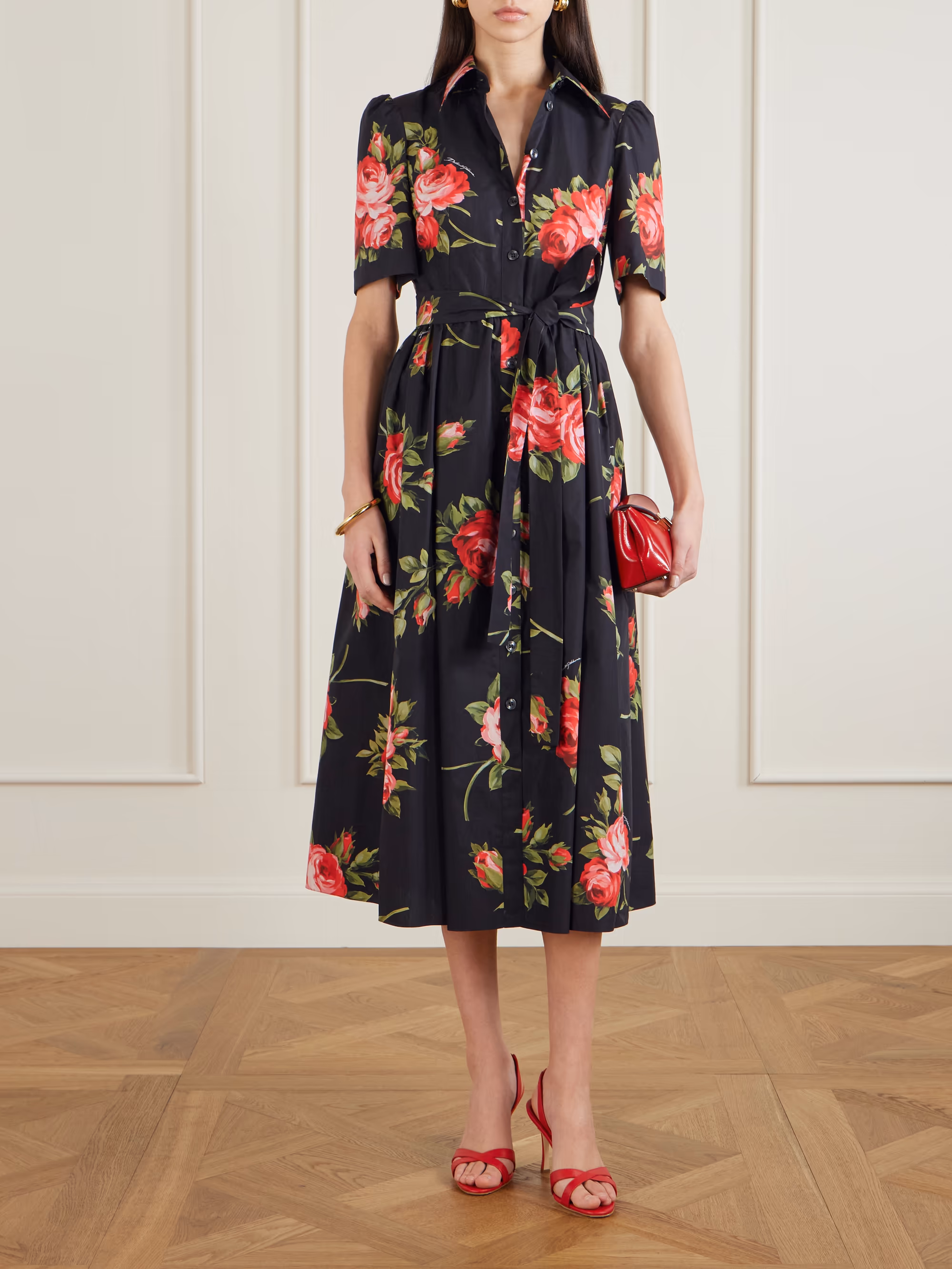 Belted gathered floral-print cotton-poplin midi dress