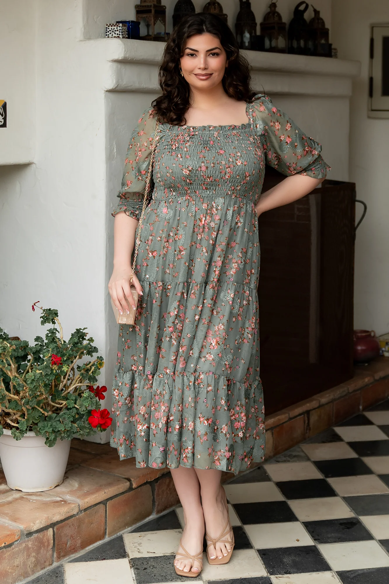 Fabian Jacquard Midi Dress | Eucalyptus + Pink