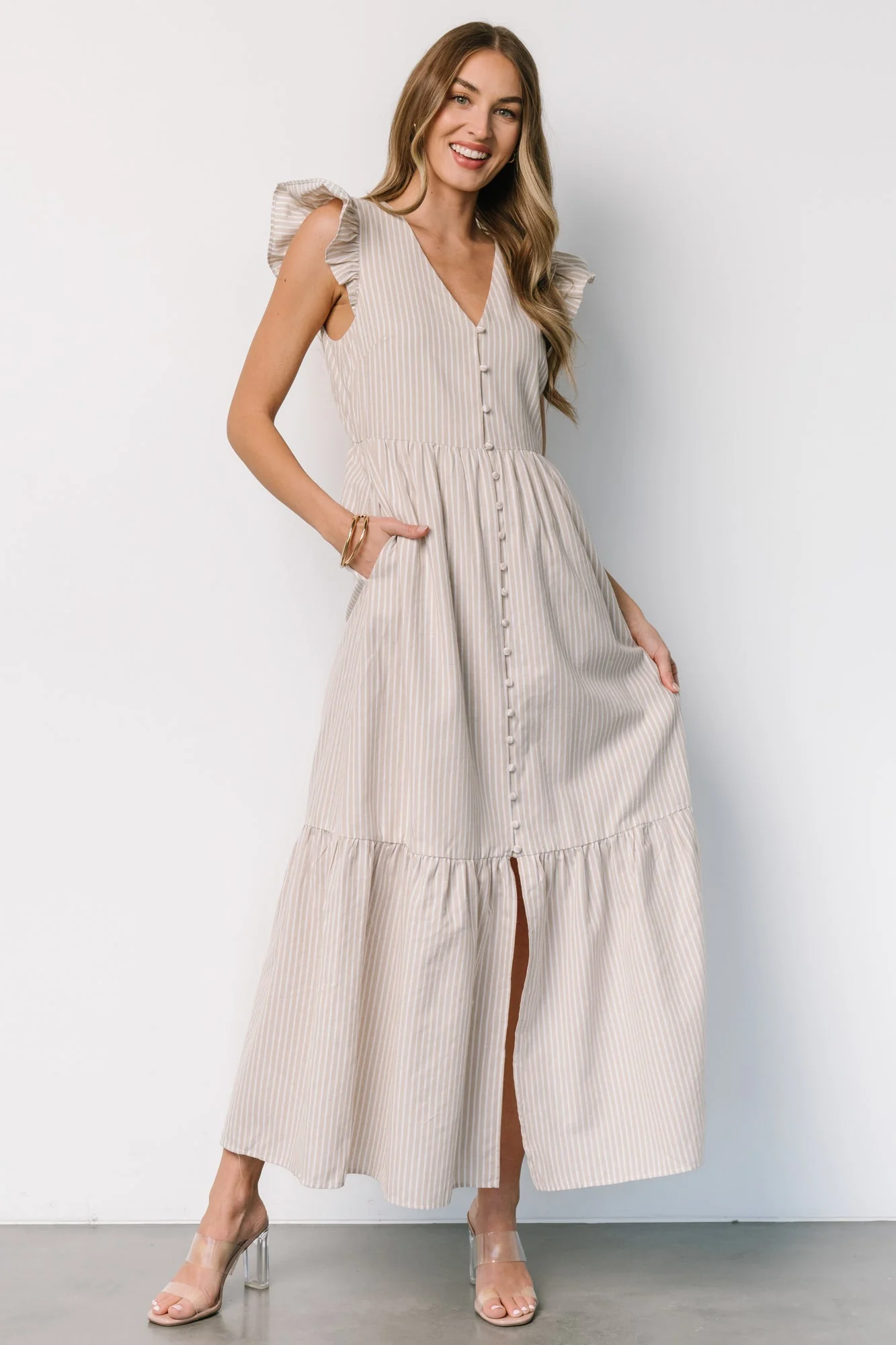 Hettie Button Maxi Dress | Beige Stripe