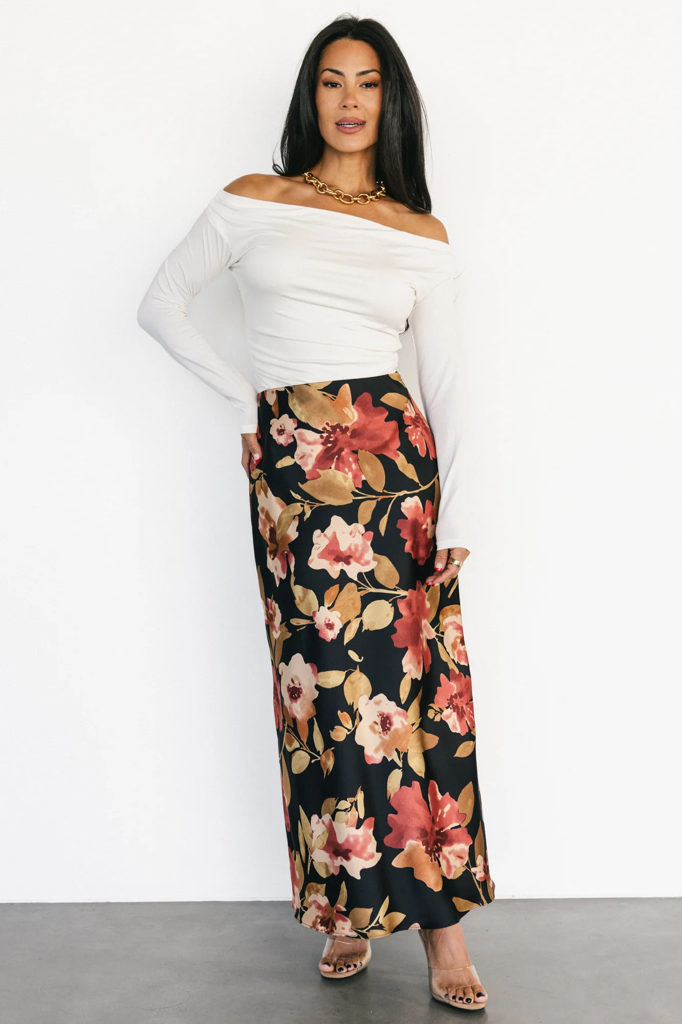 Cosette Satin Midi Skirt | Black Floral