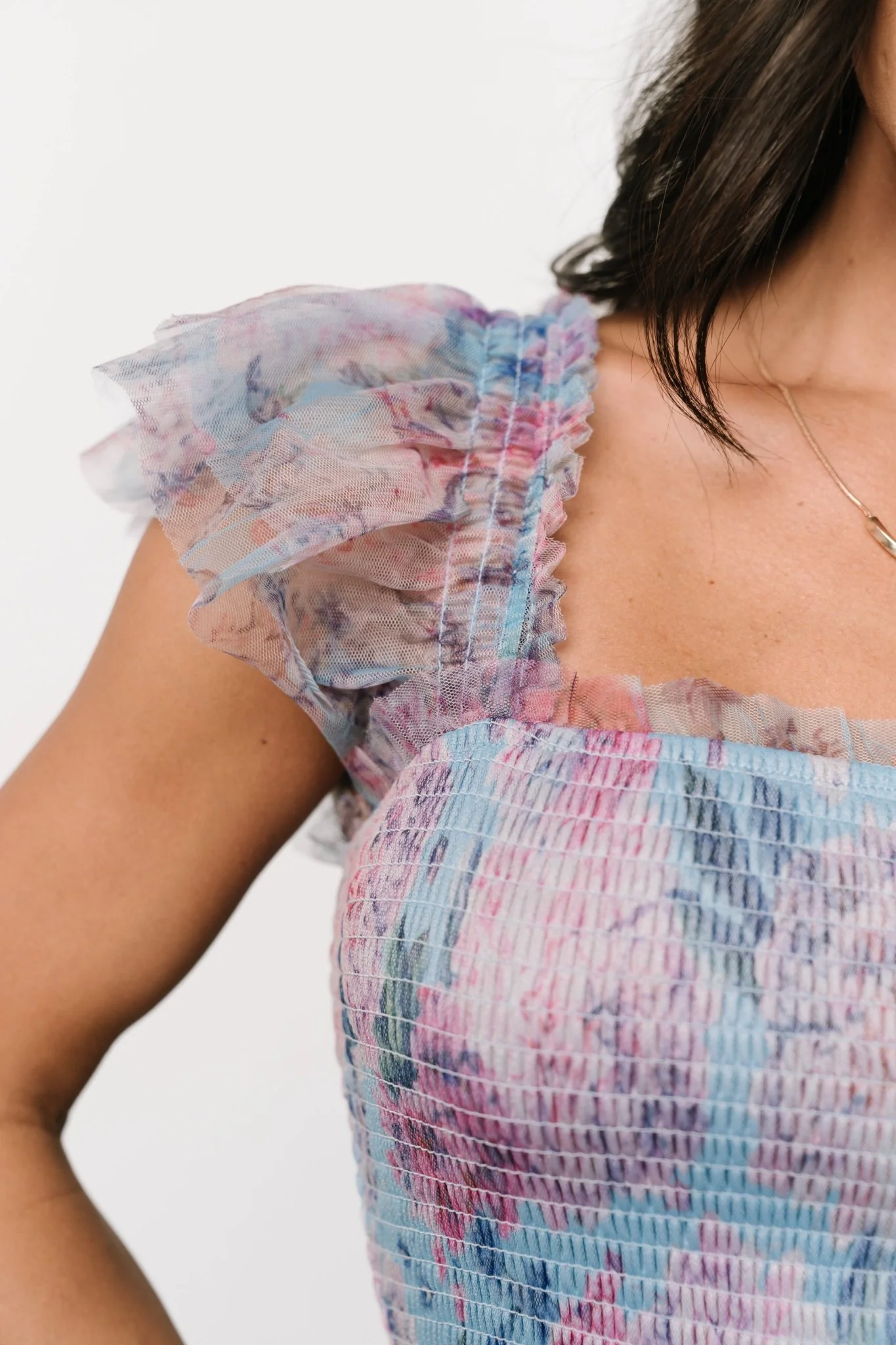 Clementine Tulle Midi Dress | Light Blue + Pink