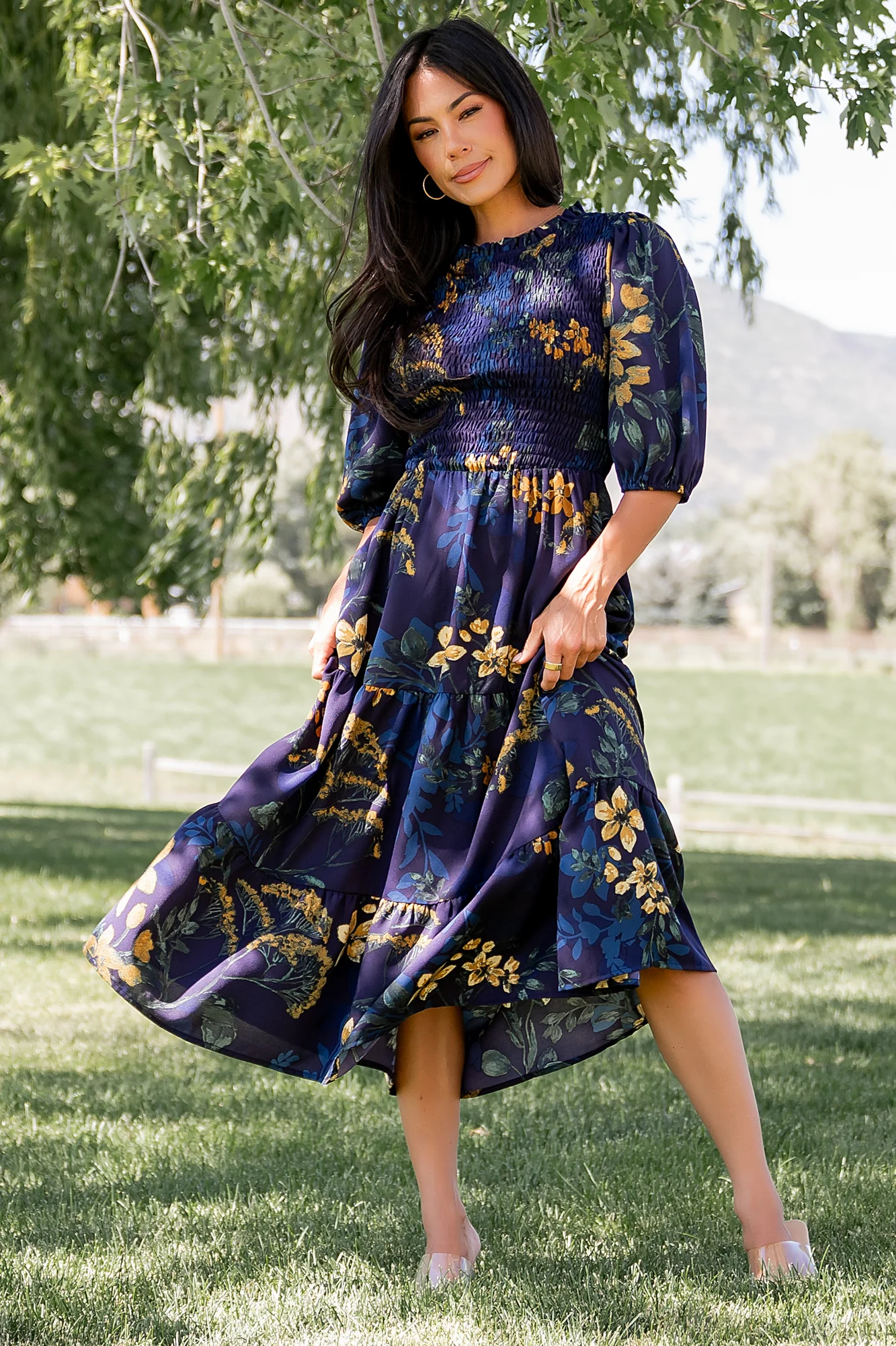 Lena Tiered Midi Dress | Navy + Gold Floral