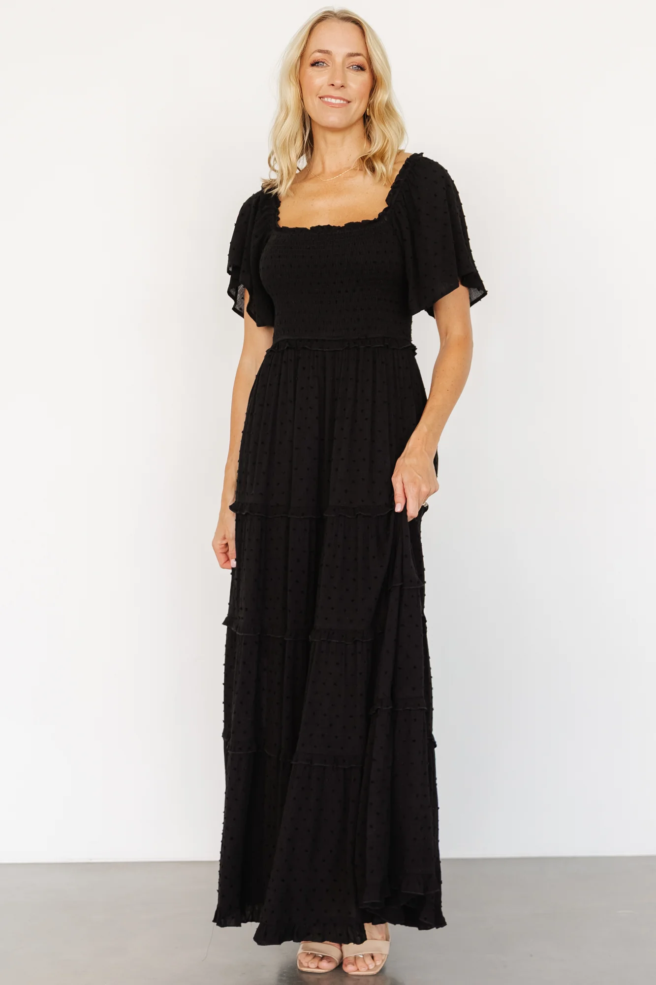 Lenora Smocked Dotted Maxi Dress | Black
