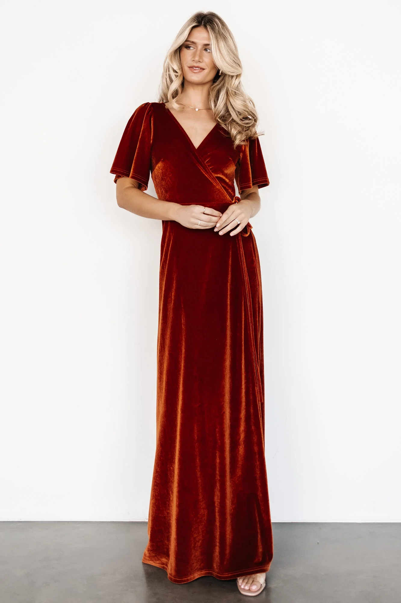 Meghan Velvet Wrap Maxi Dress | Rust