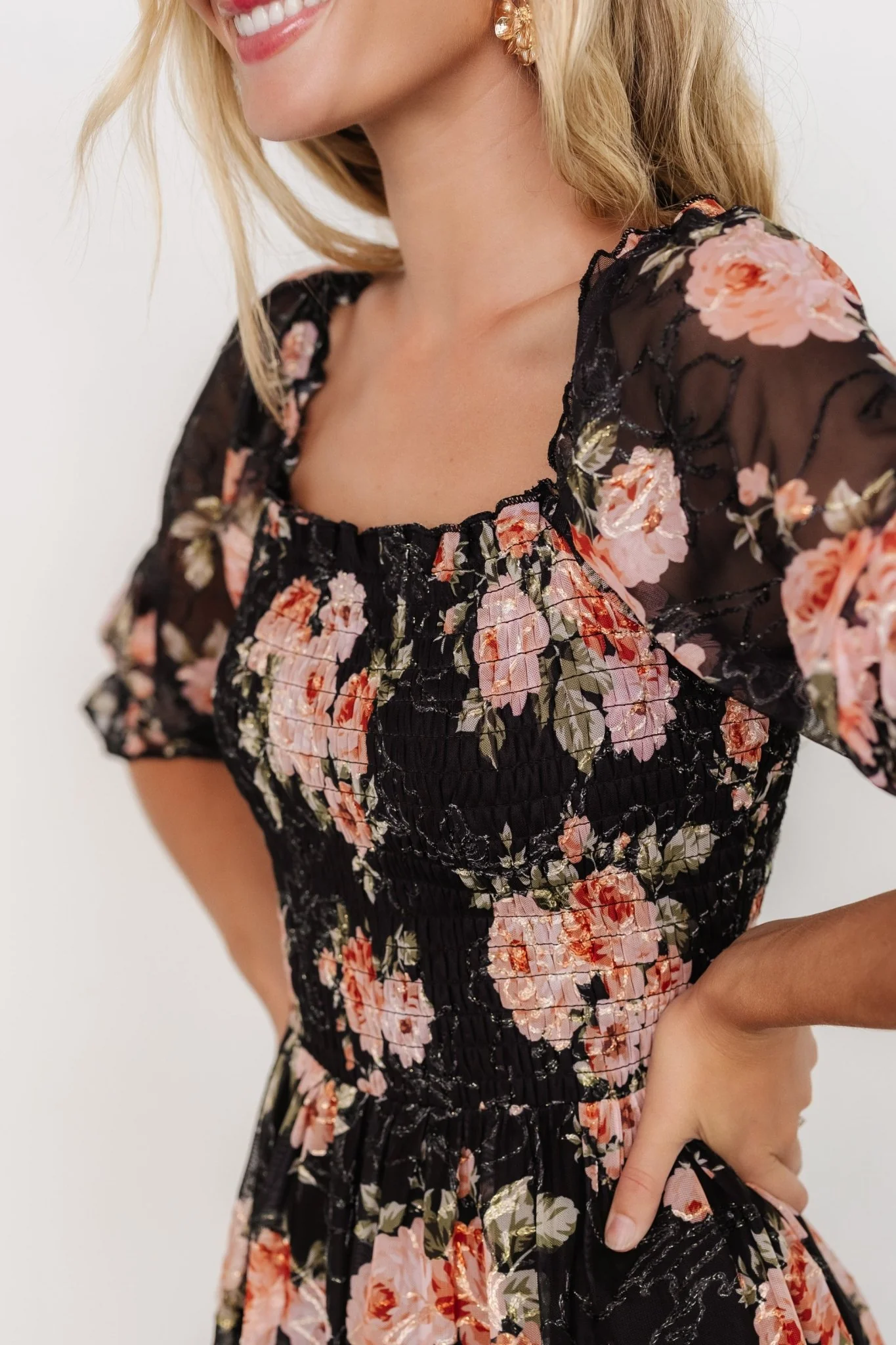 Fabian Jacquard Midi Dress | Peach + Black Floral