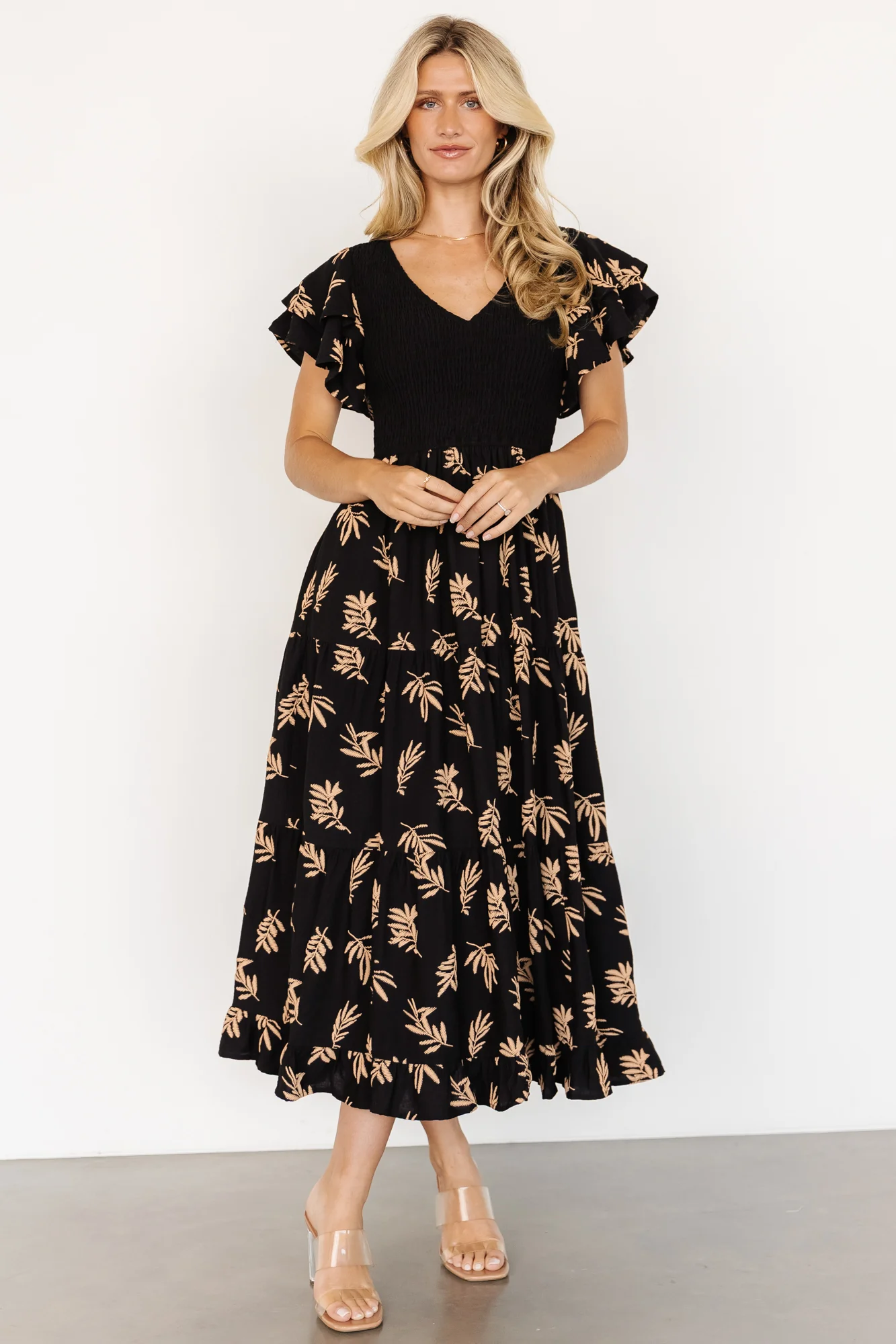 Estelle Smocked Midi Dress | Black + Tan Print