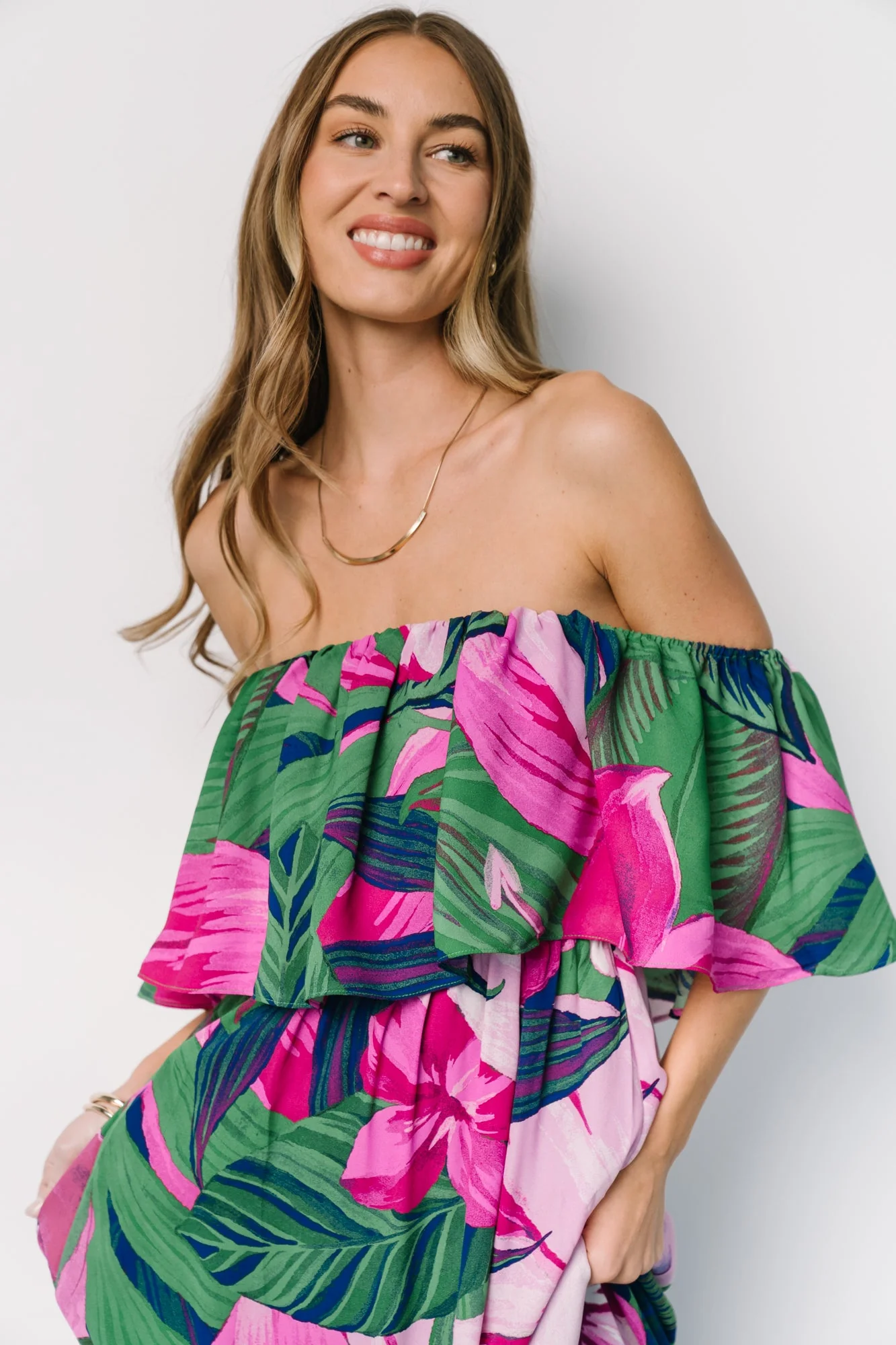 Azalea Off Shoulder Maxi Dress | Green + Fuchsia Floral