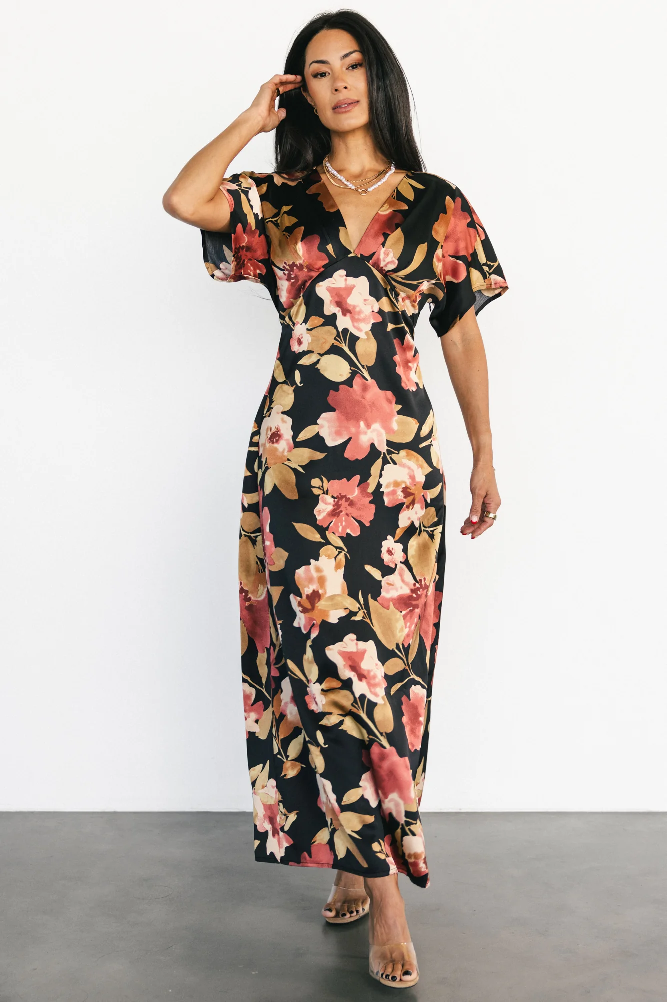 Milana Satin Maxi Dress | Black Floral