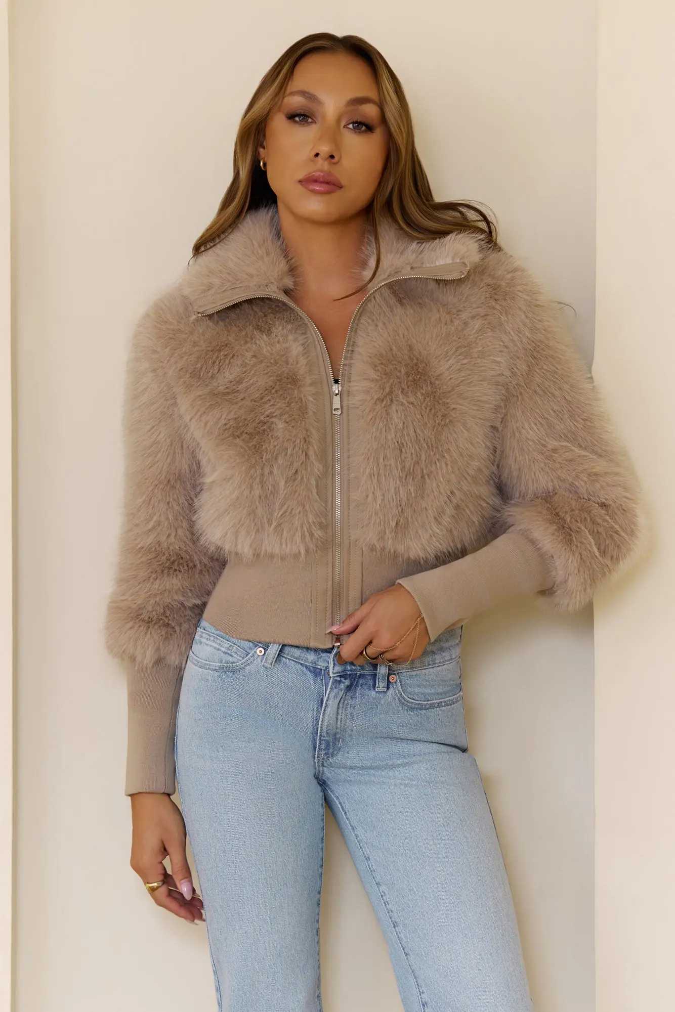 Midnight Whimsy Faux Fur Jacket Taupe