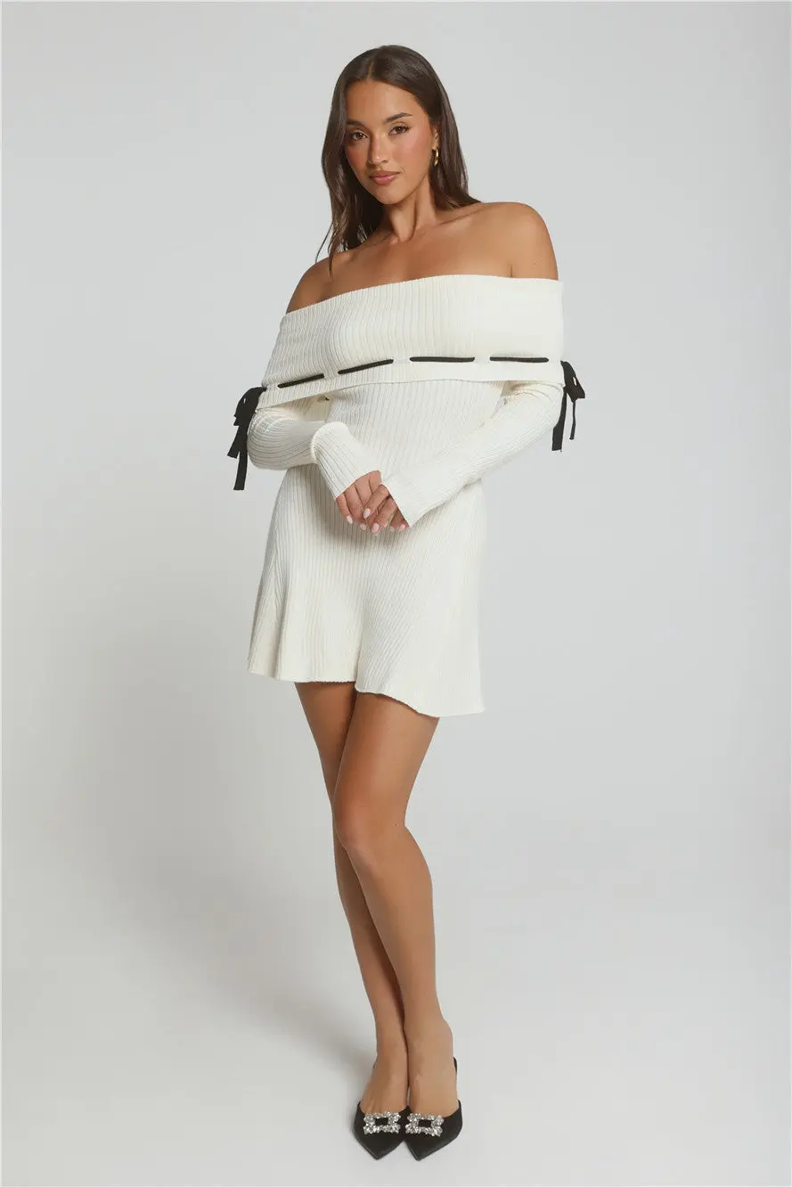 Winter Spice Off Shoulder Knit Mini Dress Cream