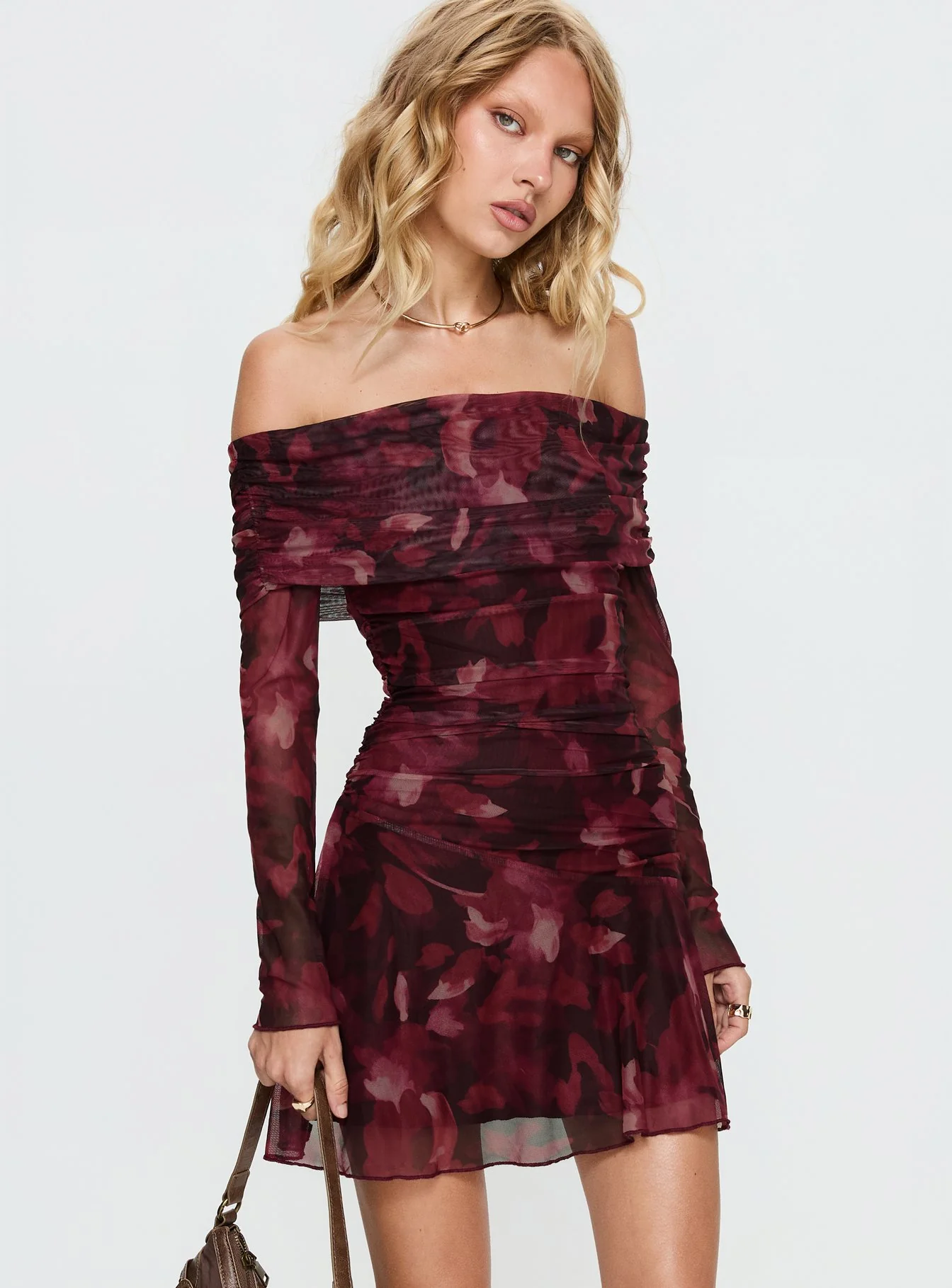 Marrissa Off Shoulder Long Sleeve Mini Dress Burgundy Floral
