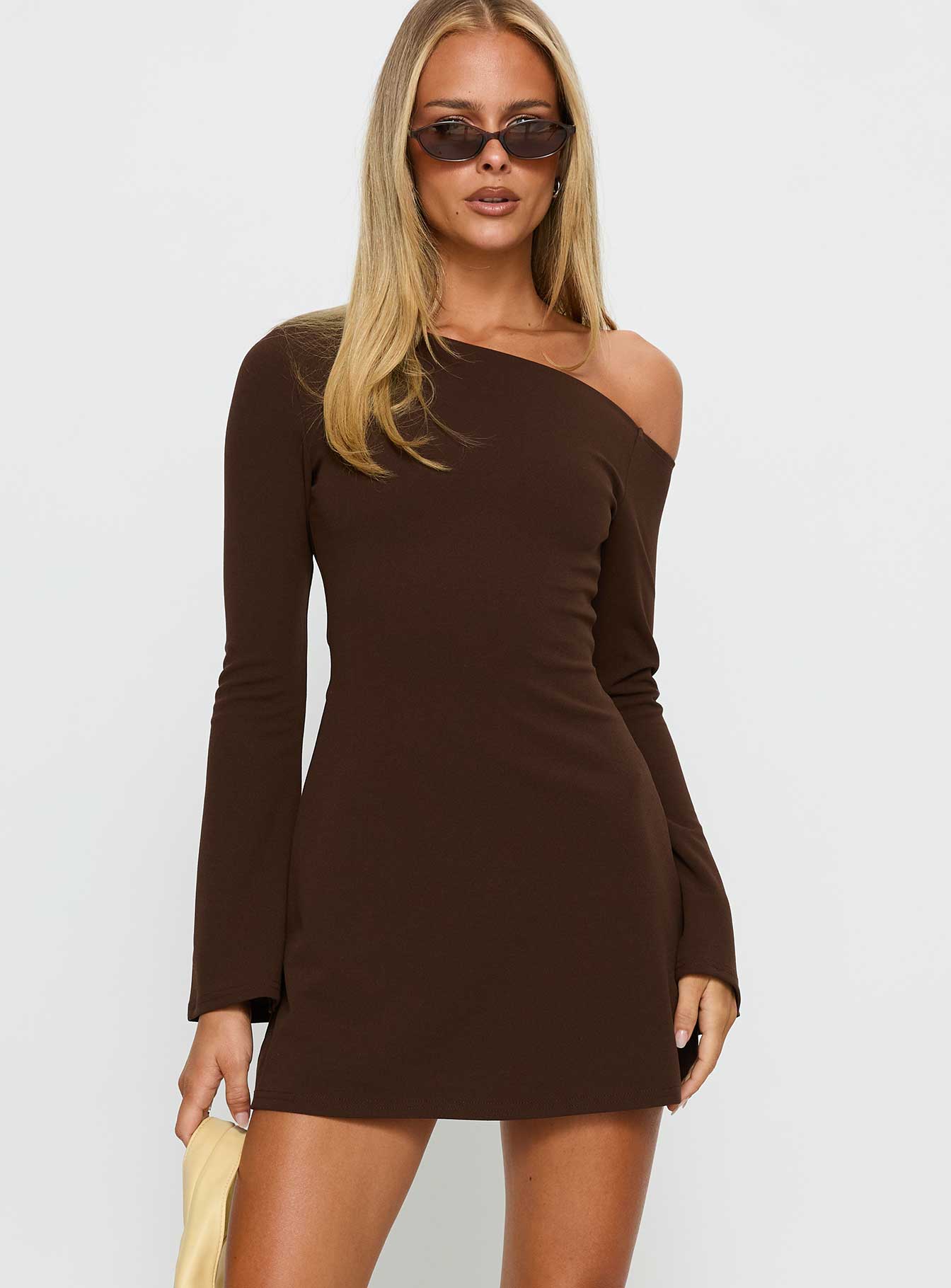 Adrietta Long Sleeve Off Shoulder Knit Mini Dress Brown