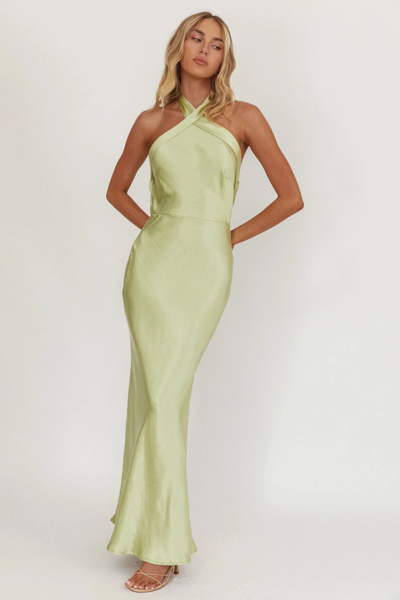 Italia Azure Crossover Halterneck Maxi Dress Pistachio