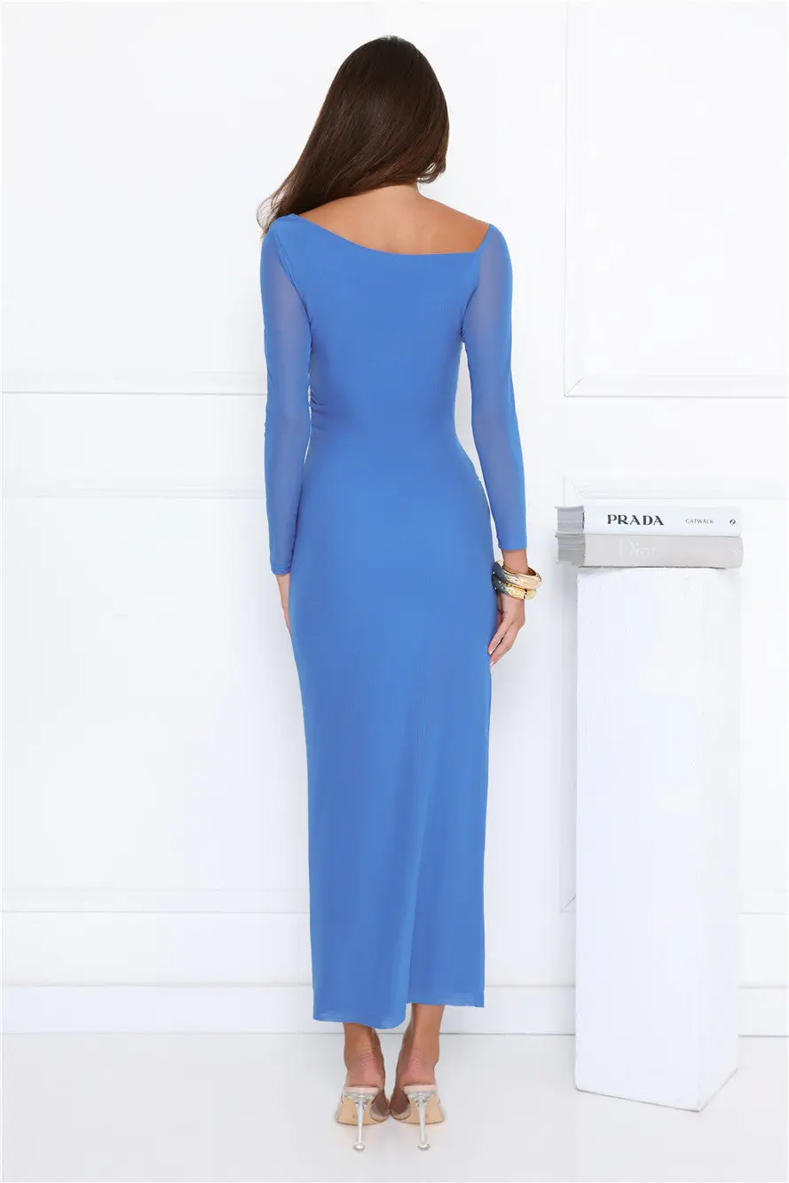 Neon Nights Out Mesh Long Sleeve Midi Dress Blue