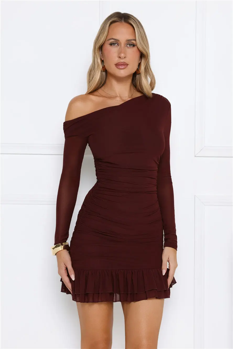 Serve The Look Mesh Long Sleeve Mini Dress Chocolate