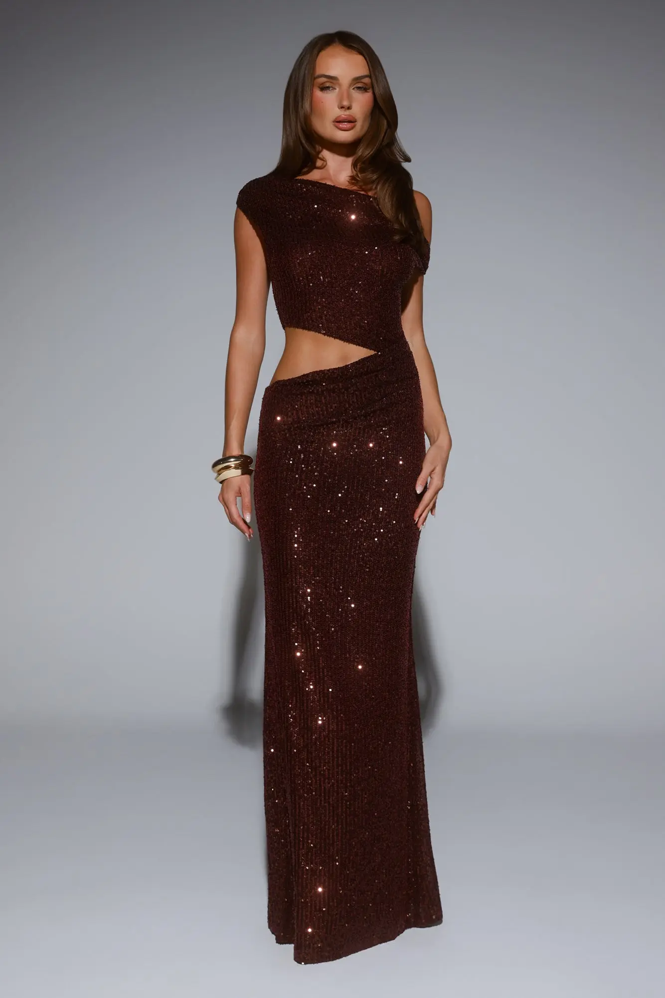 Starlit Sparkle Off Shoulder Sequin Maxi Dress Plum