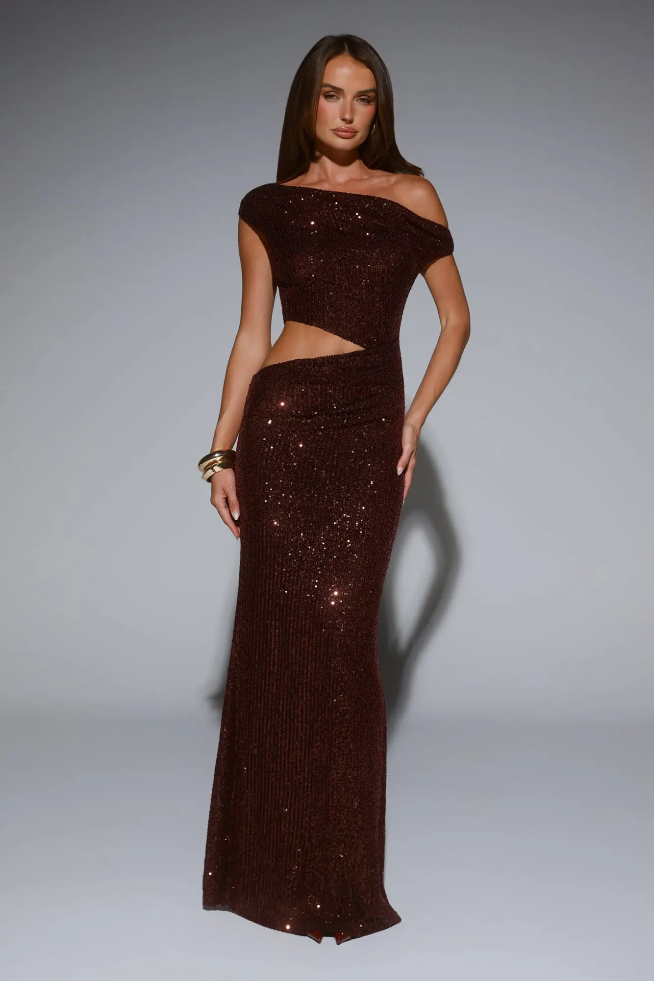 Starlit Sparkle Off Shoulder Sequin Maxi Dress Plum